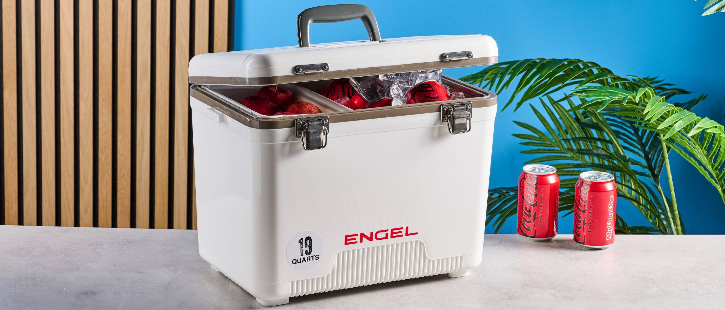 the engel cooler box in 19 quart, the white version capable of fitting 30 cans and a separate plastic tray and a carry strap