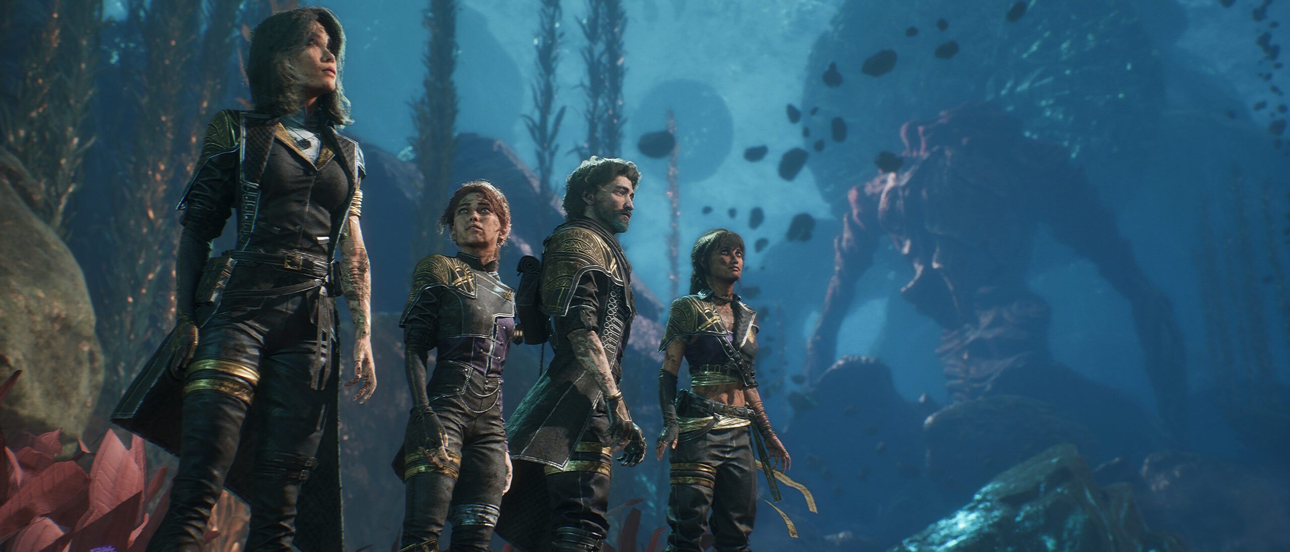 A screenshot from Clair Obscur: Expedition 33, showing party members Lune, Maelle, Gustave and Sciel (L-R) in an underwater setting
