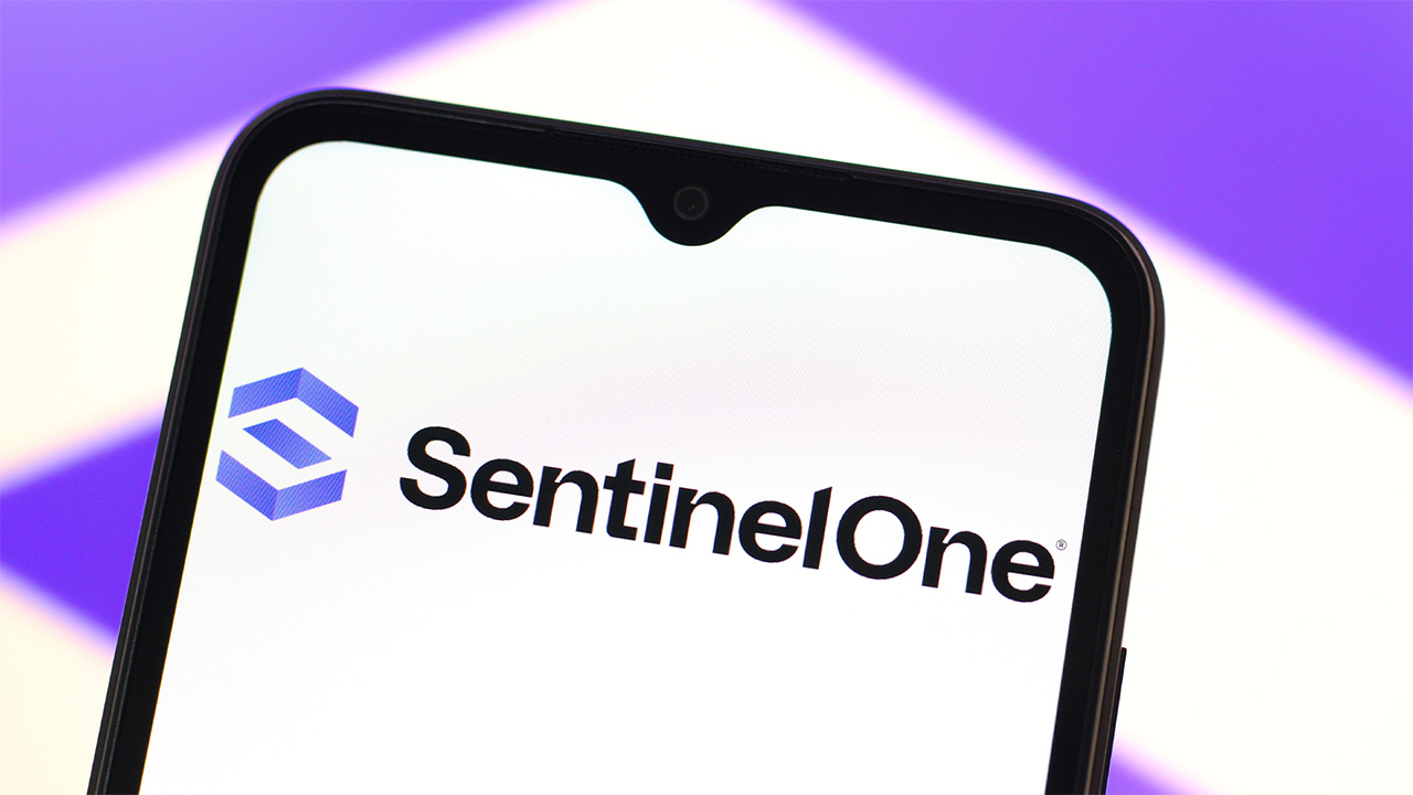 SentinelOne logo displayed on smartphone screen on purple and white background