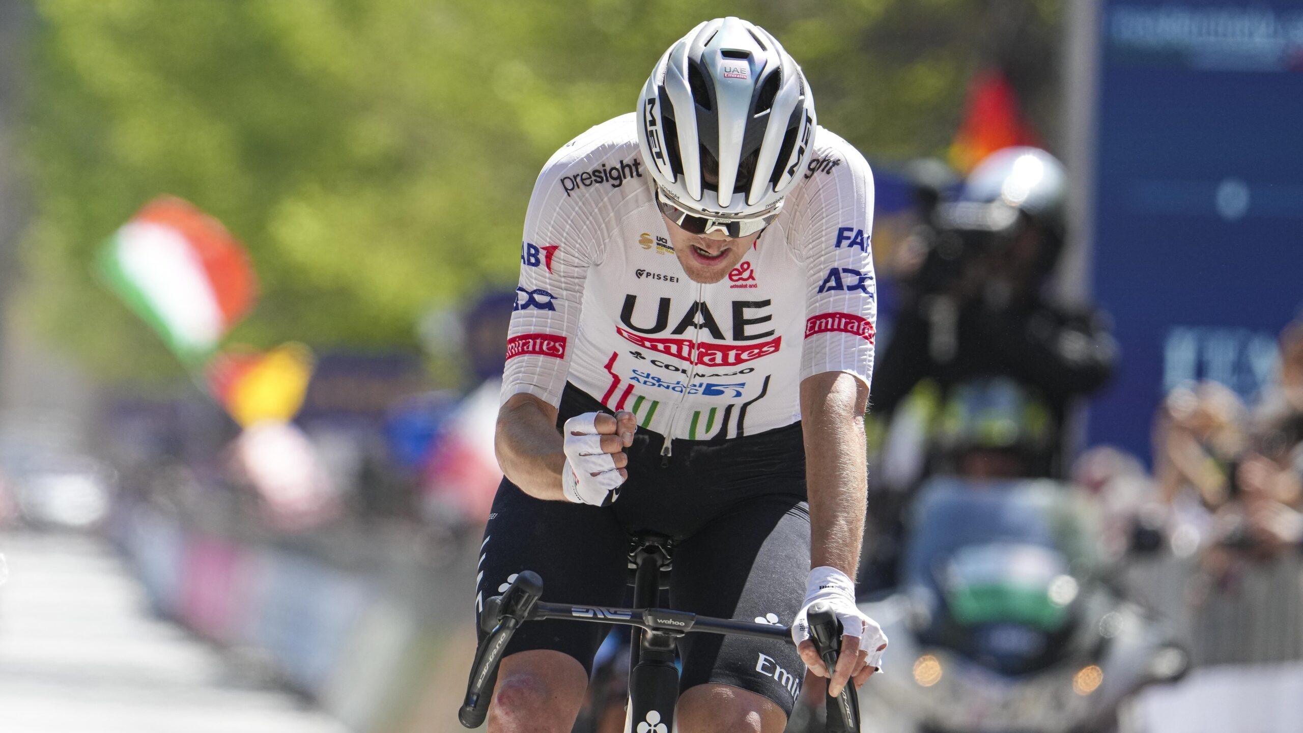 Pavel Sivakov of France and UAE Team Emirates is crossing the finish line during the 6th Giro D'Abruzzo 2024, Stage 4, a 173 km stage from Montorio al Vomano to L'Aquila, in L'Aquila, Italy ahead of the 7th Giro D'Abruzzo 2025