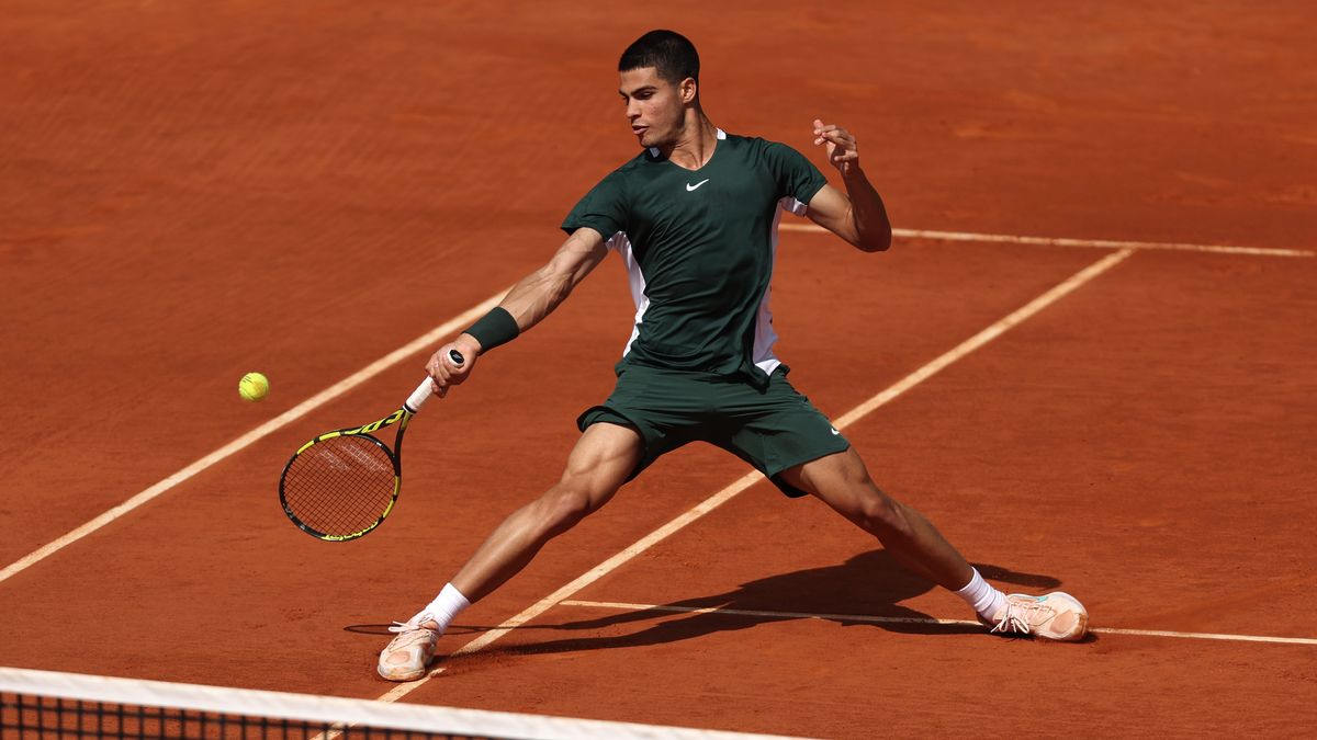 Carlos Alcaraz of Spain in action against Sebastian Korda of USA during day four of the Rolex Monte-Carlo Masters at Monte-Carlo Country Club
