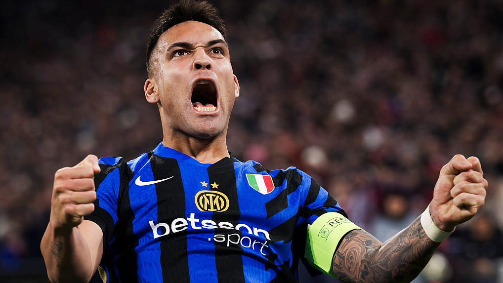 Lautaro Martinez of FC Internazionale celebrates during a UEFA Champions League 2024/25 knockout phase quarter final first leg football match in 2025