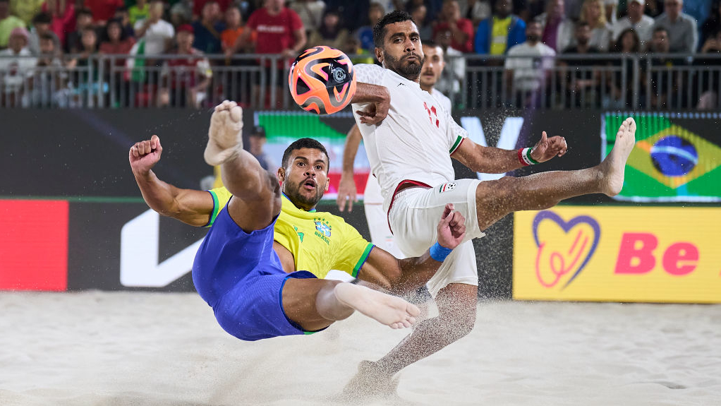 Brendo of Brazil shoots for score the third goal during the FIFA Beach Soccer World Cup UAE 2024 Semi-Final match
