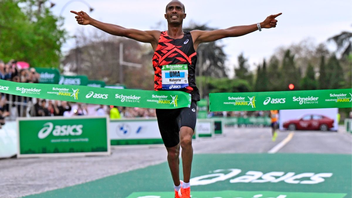 Mulugeta Uma of Ethiopia reacts after winning the previous Paris Marathon in Paris, France.
