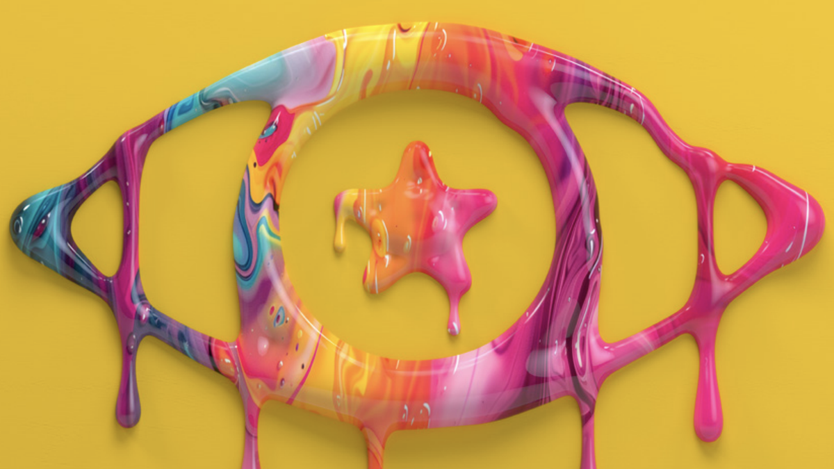 Celebrity Big Brother logo – a multicolored eye dripping paint – on a yellow background ahead of the launch of Celebrity Big Brother UK 2025 featuring Mickey Rourke and JoJo Siwa.