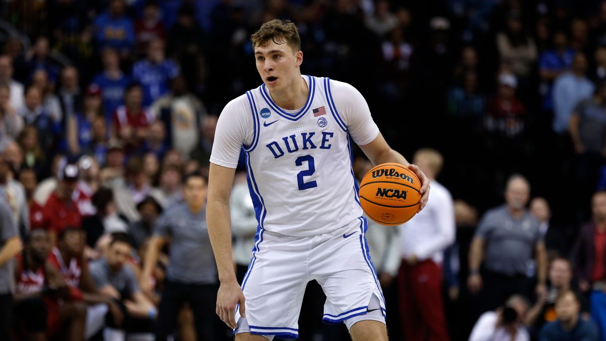 NEWARK, NEW JERSEY - MARCH 29: Cooper Flagg #2 of the Duke Blue Devils moves the ball against the Alabama Crimson Tide during the second half of an Elite Eight game in the men's NCAA basketball tournament at Prudential Center on March 29, 2025 in Newark, New Jersey. (Photo by Lance King/Getty Images)