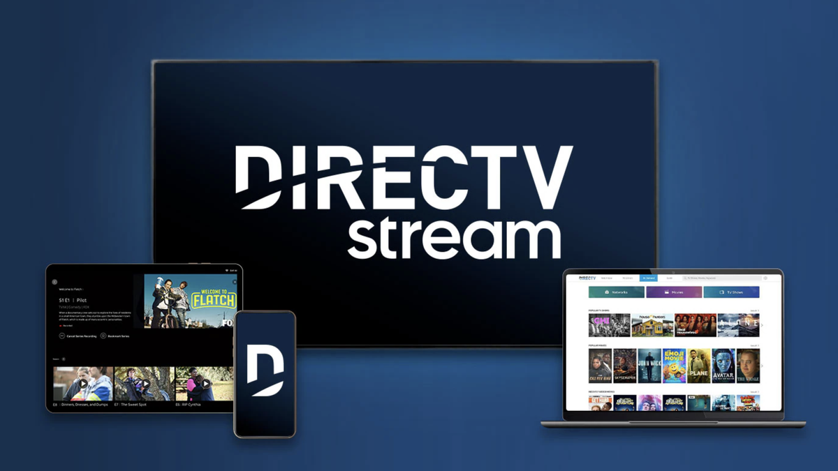 DirecTV Stream logo on TV and laptop, tablet and phone