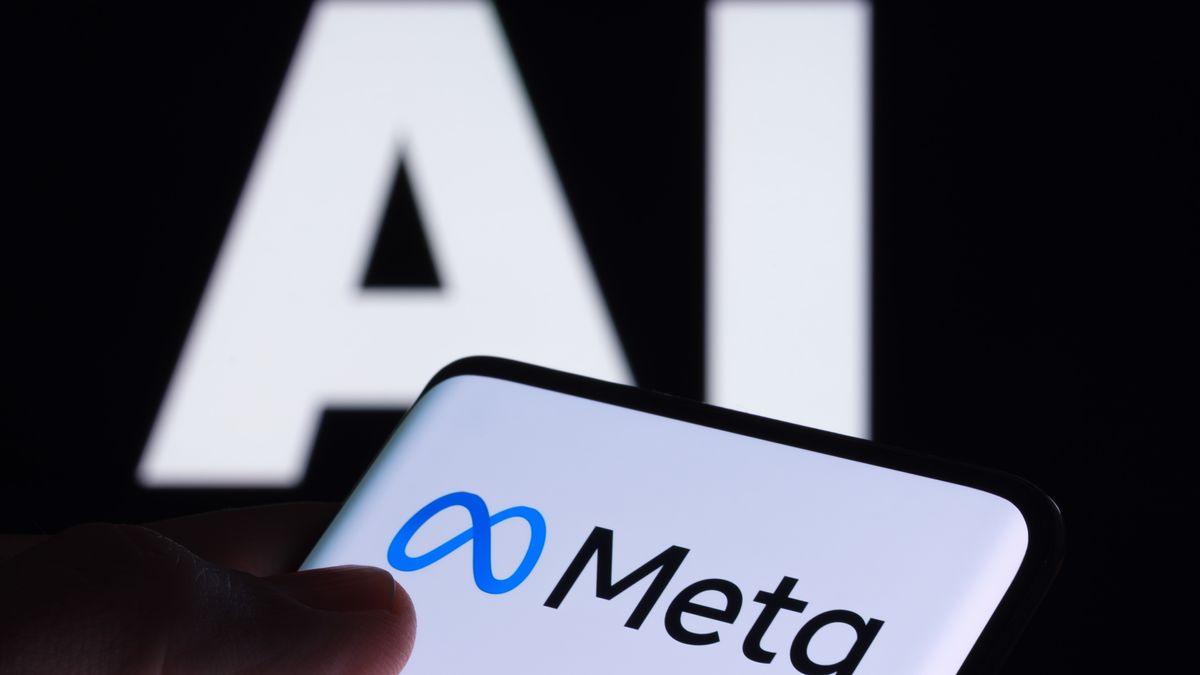 A mobile device displaying the Meta logo in front of large letters spelling out 'AI'