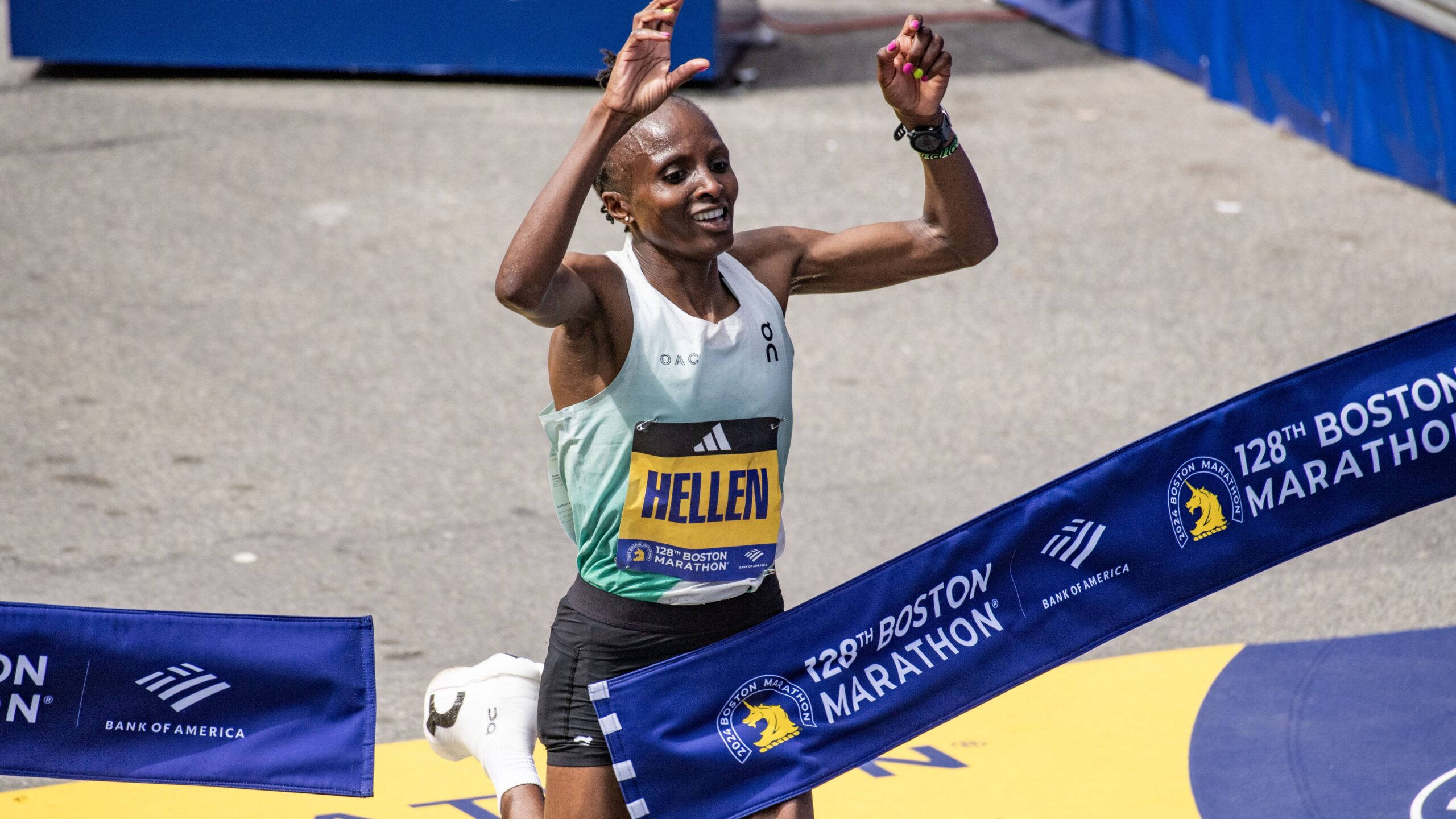 Hellen Obiri of Kenya takes first place in the women's professional field during the 128th Boston Marathon in Boston, Massachusetts, ahead of the Boston Marathon 2025 on April 19, 2025. The marathon includes around 30,000 athletes from 129 countries running the 26.2 miles from Hopkinton to Boston, Massachusetts. The event is the world's oldest annually run marathon.
