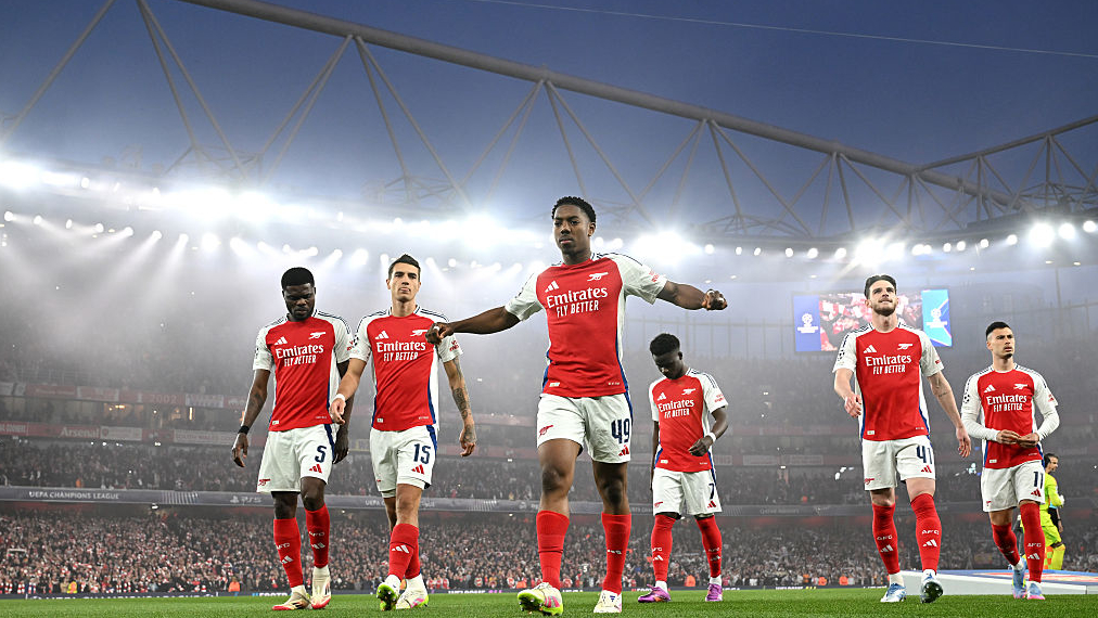 Myles Lewis-Skelly of Arsenal takes position on the pitch ahead of kick-off prior to the UEFA Champions League 2024/25 Quarter Final First Leg match in 2025