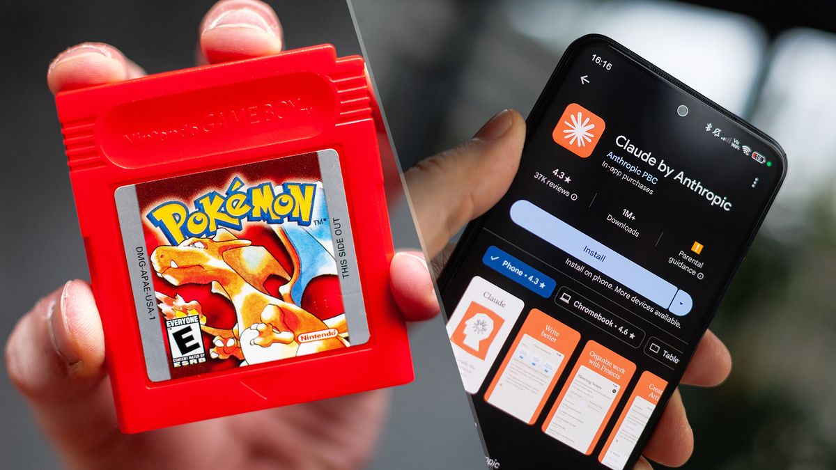 A split image showing the Pokemon Red Game Boy cartridge and an iPhone with the Claude app visible on the screen
