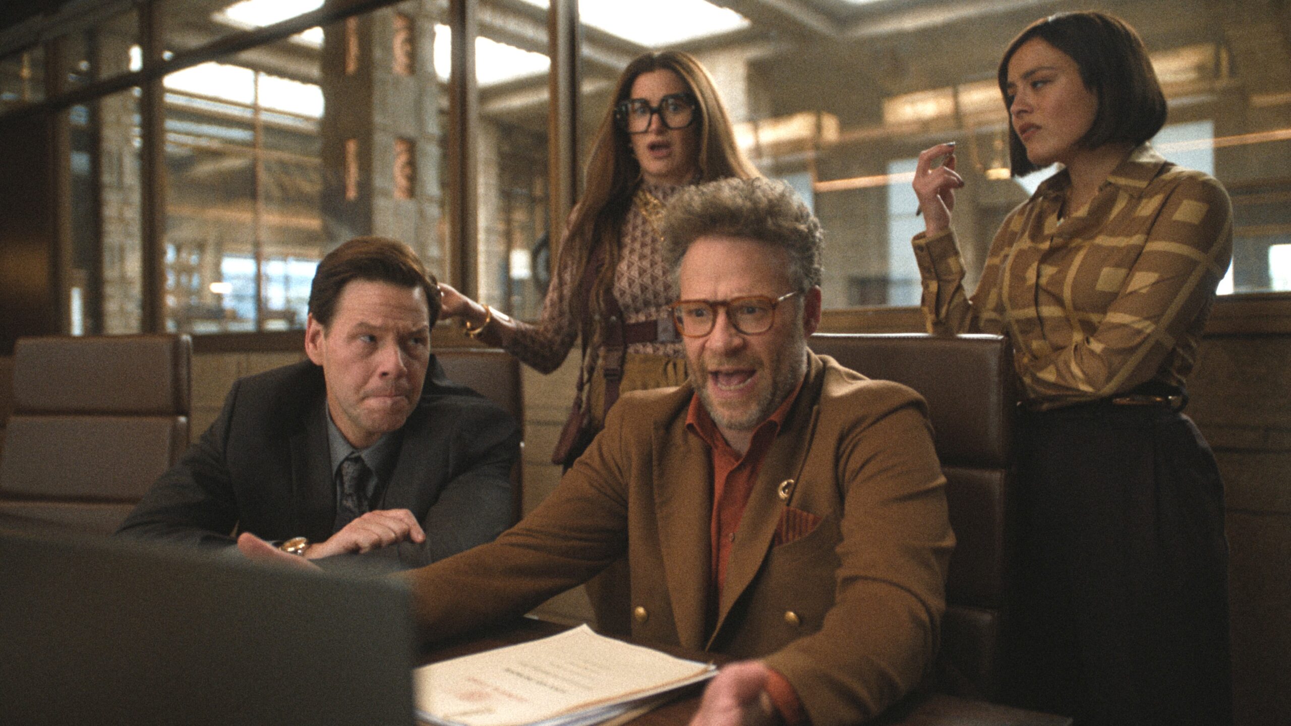 Ike Barinholtz, Kathryn Hahn, Chase Sui Wonders and Seth Rogen in "The Studio," episode 1, on Apple TV Plus.