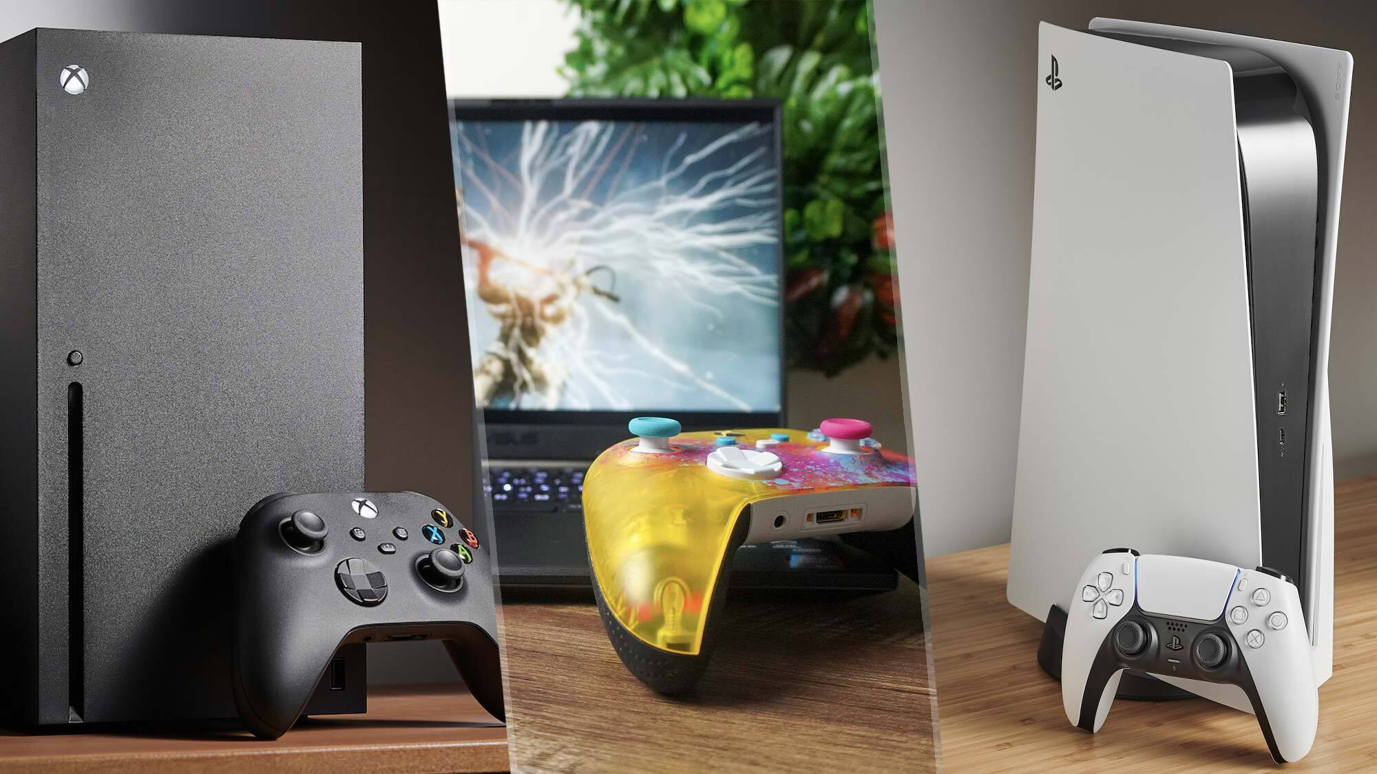 A tri image showing an Xbox Series X, Gaming laptop and PS5