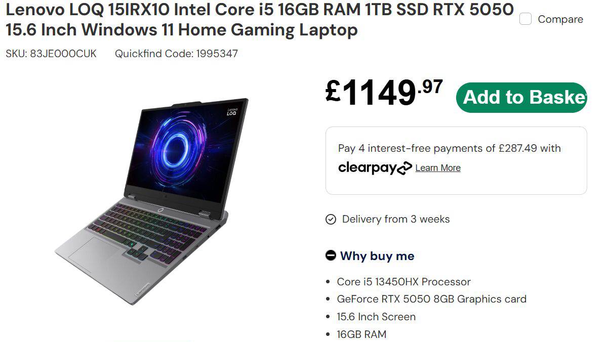 צילום מסך של Lenovo LOQ 15 רישום ישיר של LENOVO LOQ עם RTX 5050