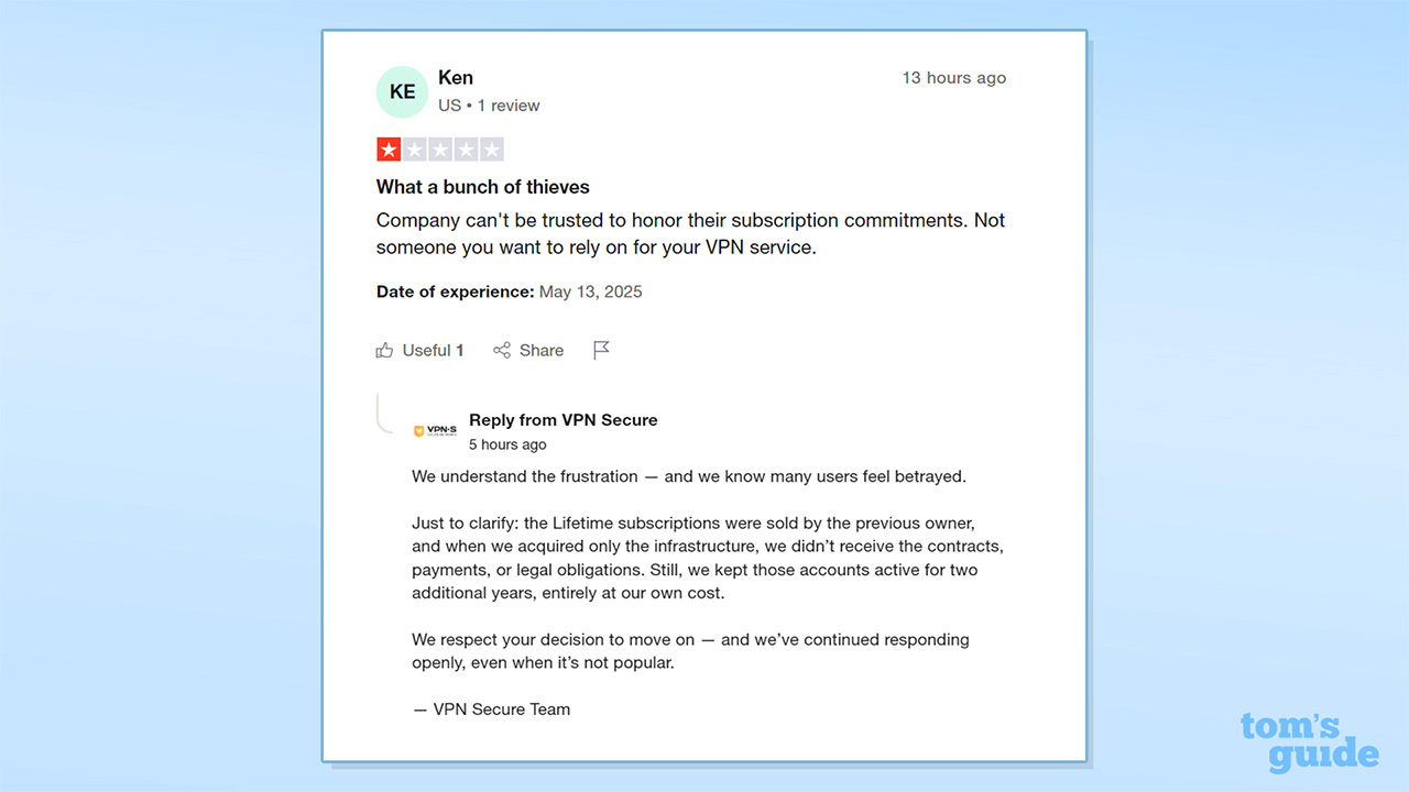 צילום מסך של סקירת VPNSecure שלילית על TrustPilot ותגובת הספק