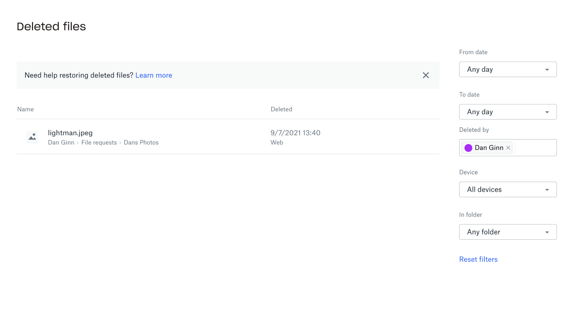 שחזור קובץ Dropbox