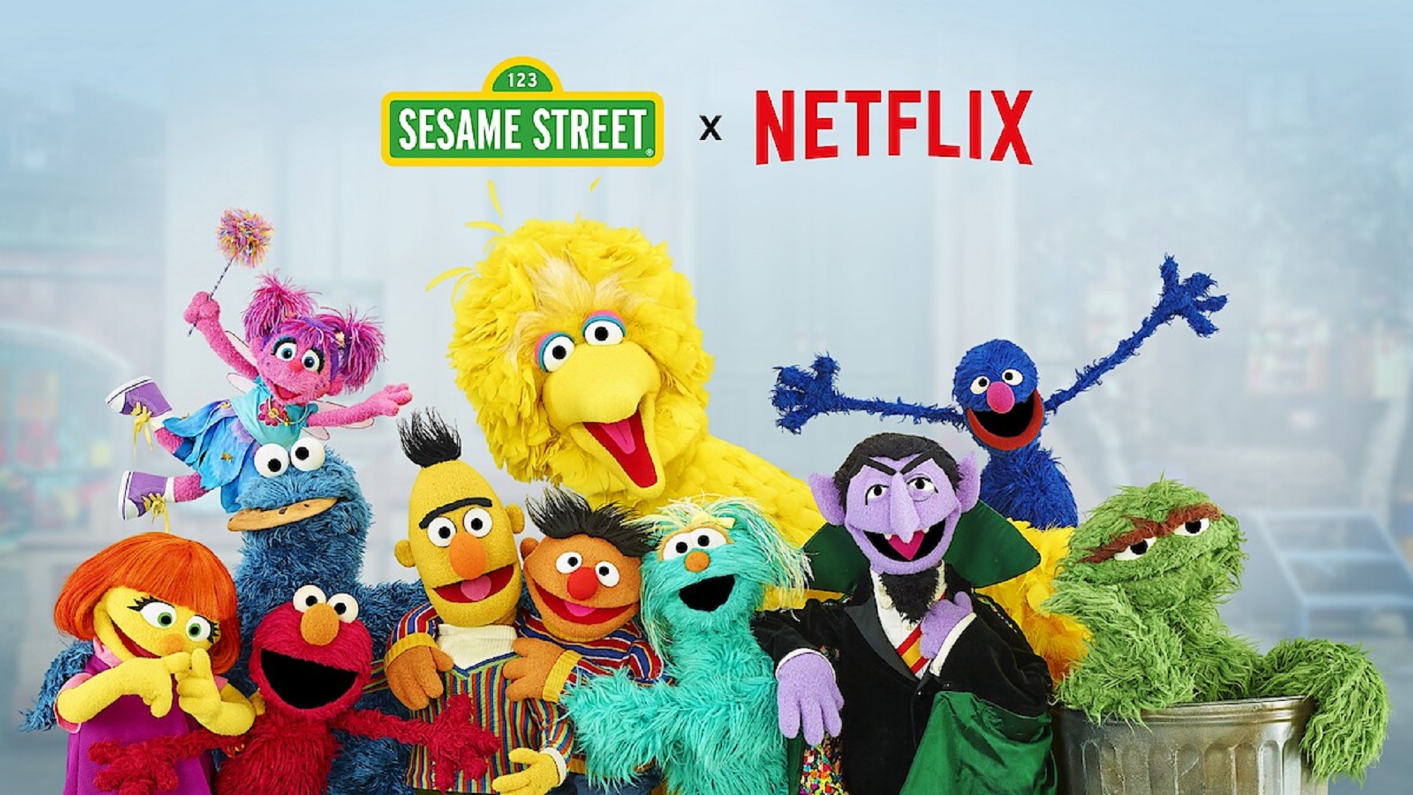 Sesame Street cast shown alongside the words Sesame Street x Netflix to announce the PBS show's new streaming home.