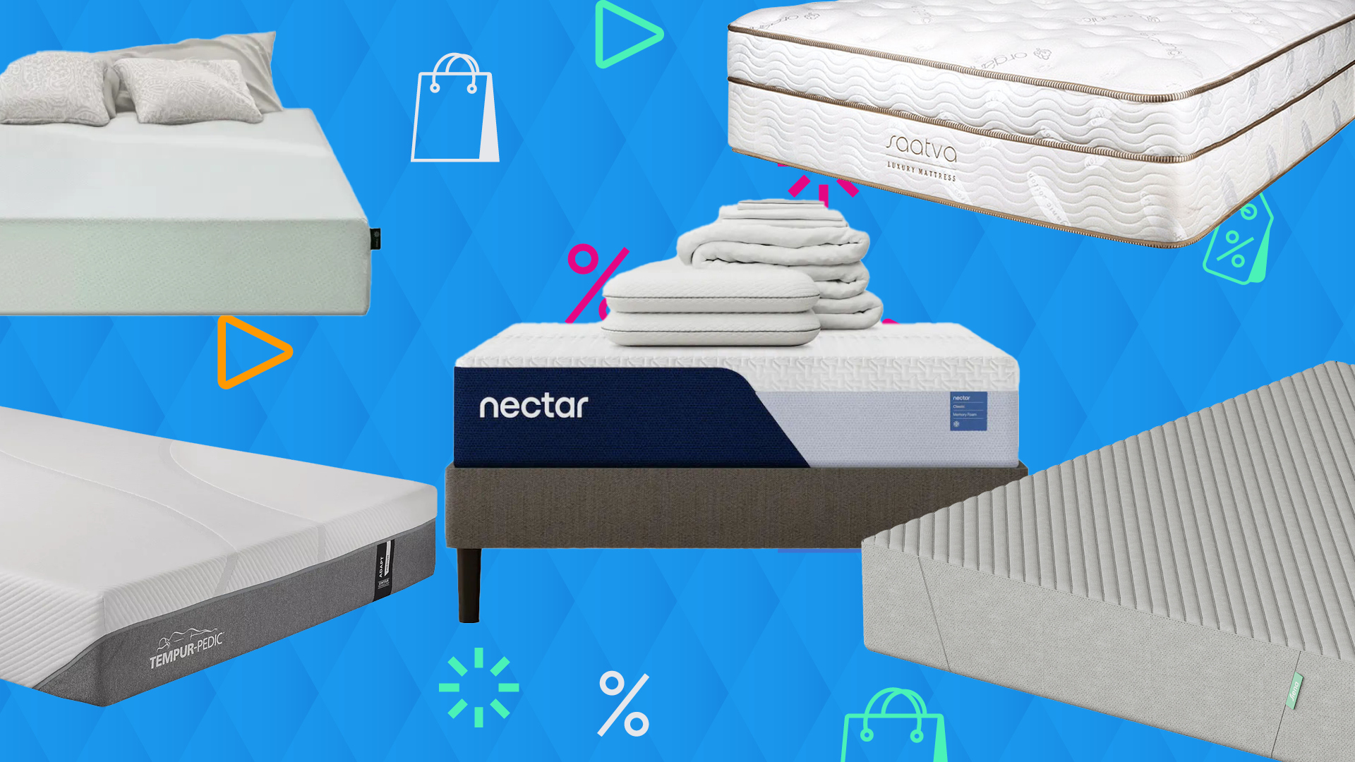 Five mattresses arranged in a composition on a sales-themed background with percentage sign and price tag symbols