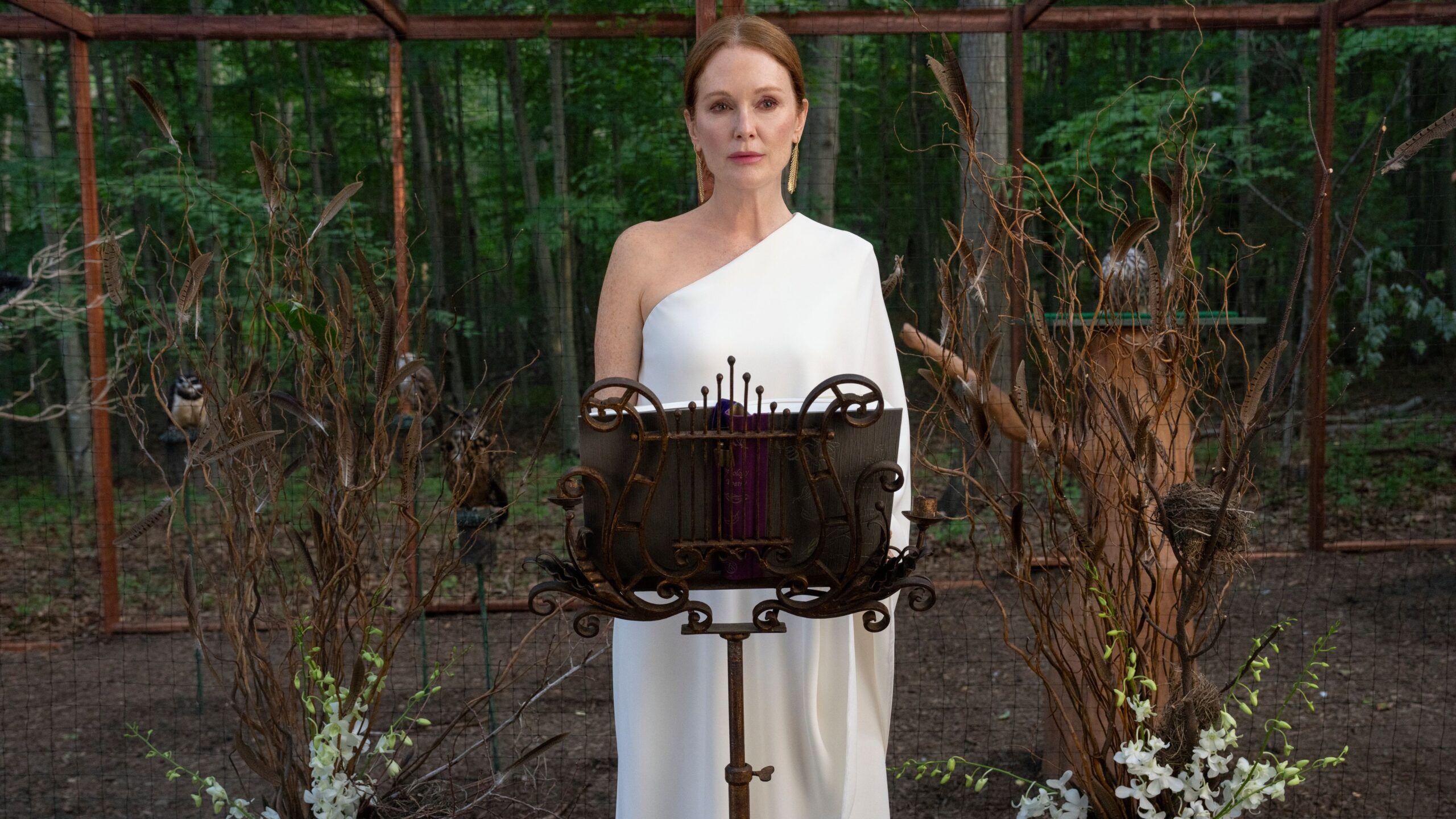 Julianne Moore stands at a podium in a scene from Netflix's "Sirens"