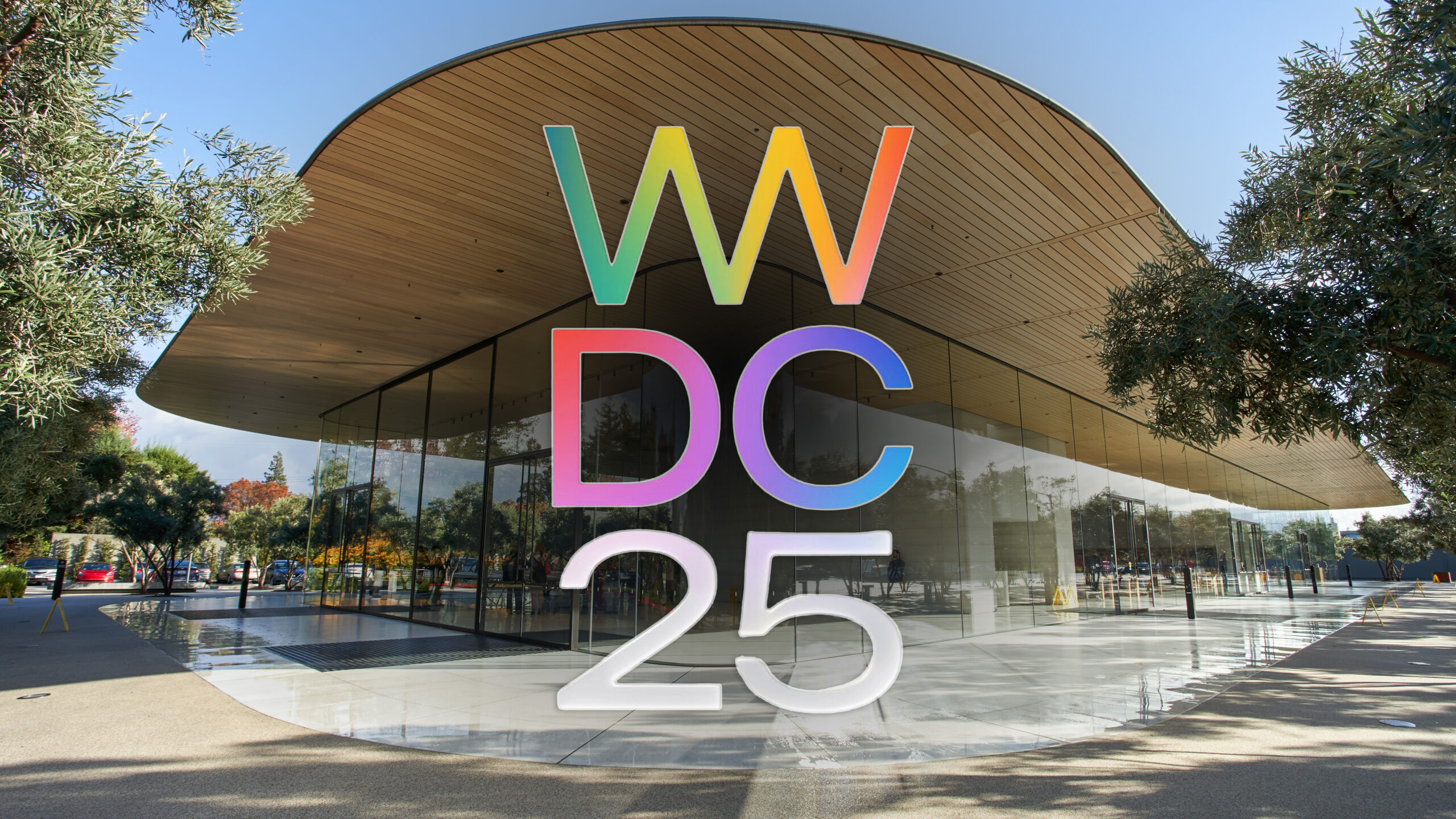 WWDC 2025 logo on top of Apple's cupertino campus