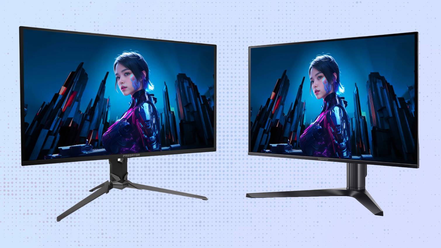 Acer Predator x27 x (משמאל) ו- Acer Predator X27U F5 (מימין) עם גרפיקה של אשת הסייבר המוצגת על רקע כחול בהיר