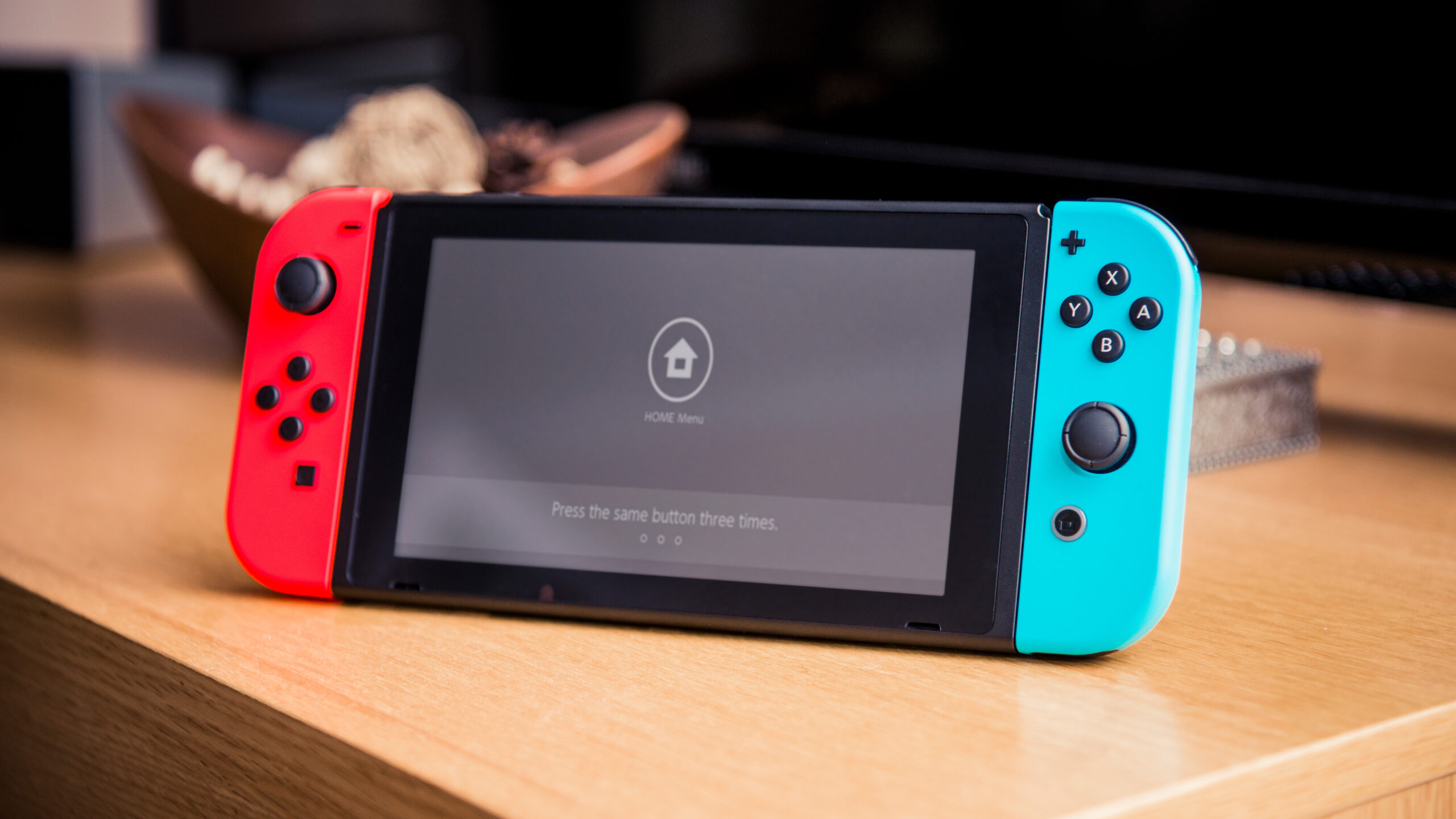 A Nintendo Switch on a desk