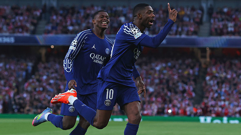 Ousmane Dembele of Paris Saint-Germain celebrates after scoring their first goal during the UEFA Champions League 2024/25 Semi Final First Leg match between Arsenal FC and Paris Saint-Germain in April 2025