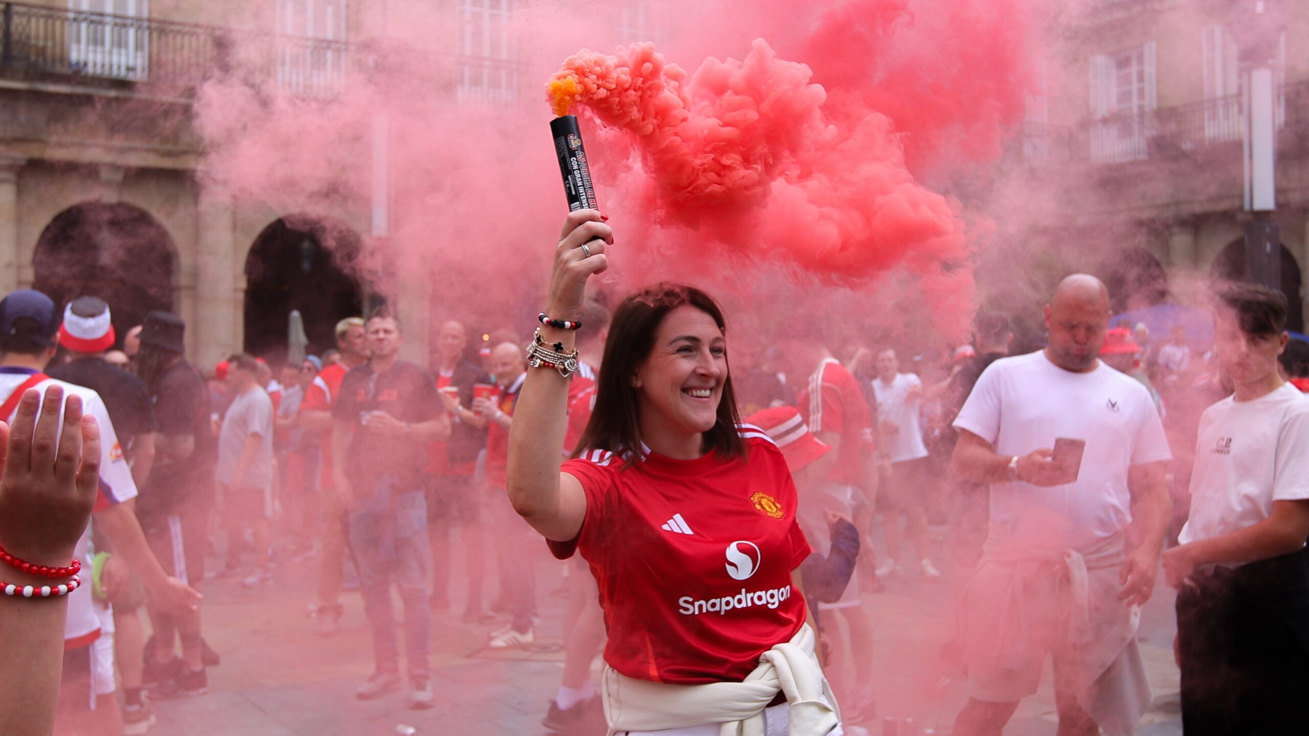 BILBAO, SPAIN - MAY 21: A Manchester United fan arrives at the stadium prior to the UEFA Europa League Final 2025 live, between Tottenham vs Manchester United at Estadio de San Mames on May 21, 2025 in Bilbao, Spain.