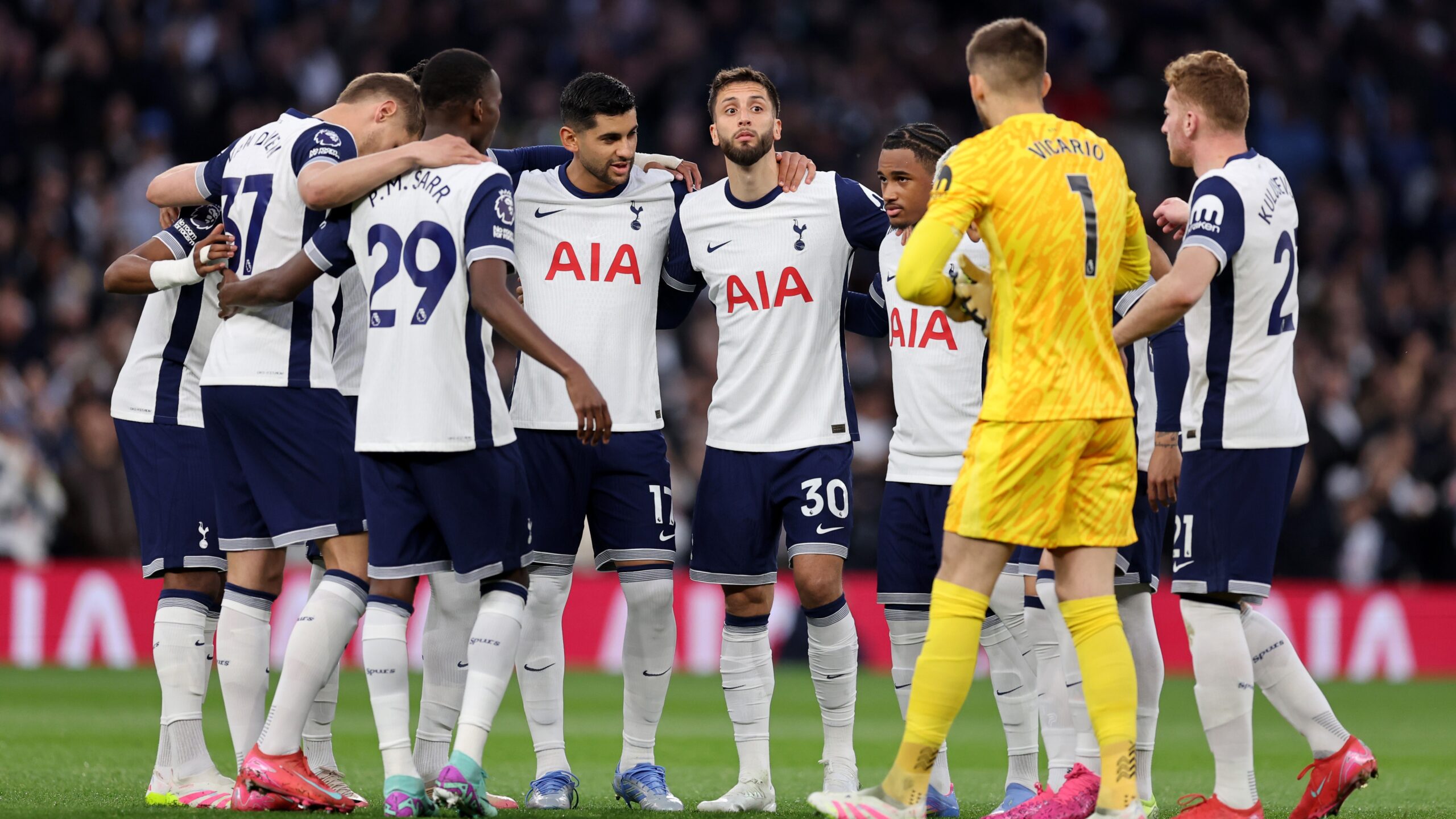 The Tottenham Hotspur team form a huddle on the pitch in the build up to watching the Tottenham vs Bodo/Glimt Europa League semi-final at Tottenham Hotspur Stadium on May 1, 2025 in London, England.
