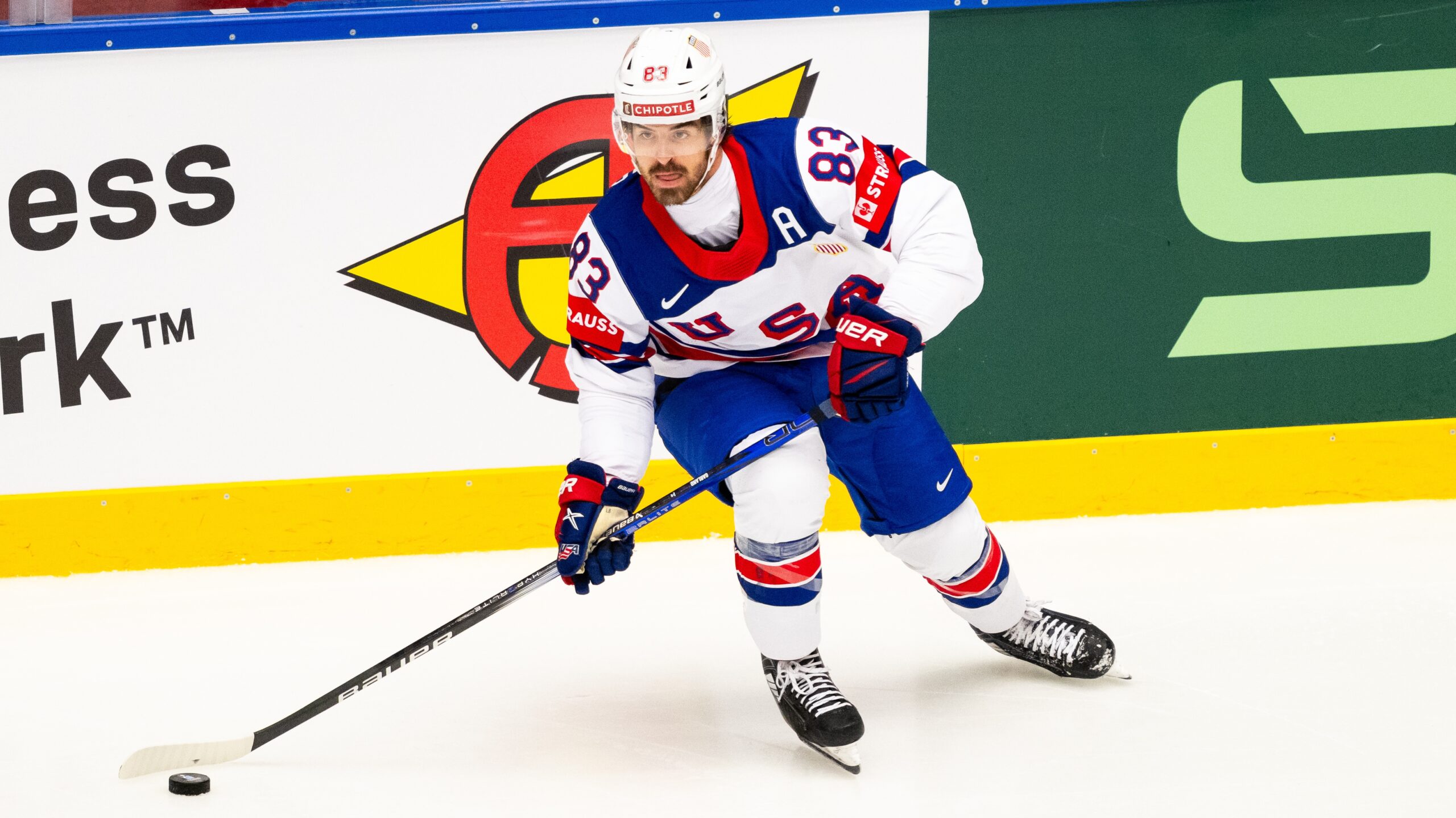 Conor Garland with the puck for USA in the Ice Hockey World Championship.