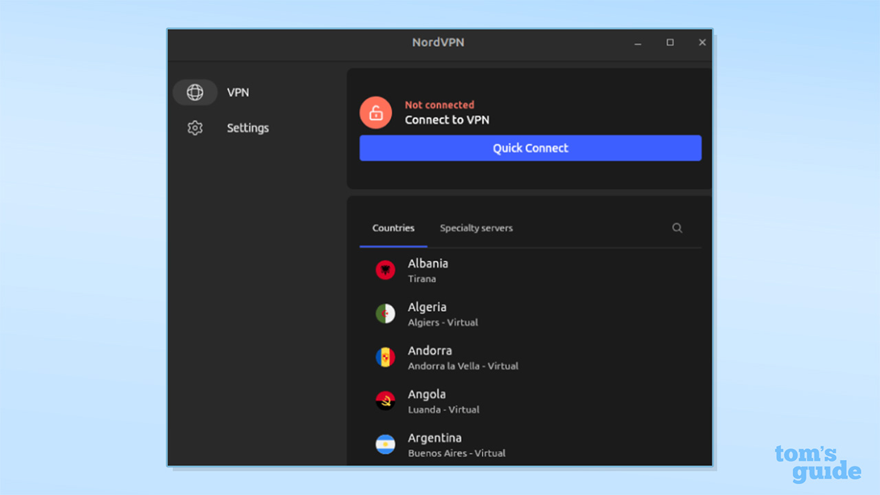 צילום מסך של אפליקציית Nordvpn Linux