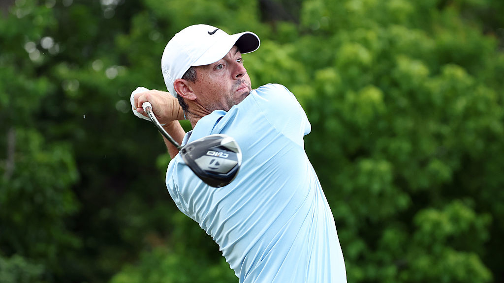 Rory McIlroy of Northern Ireland plays his shot from the 16th tee on day three of the Zurich Classic of New Orleans in April 2025