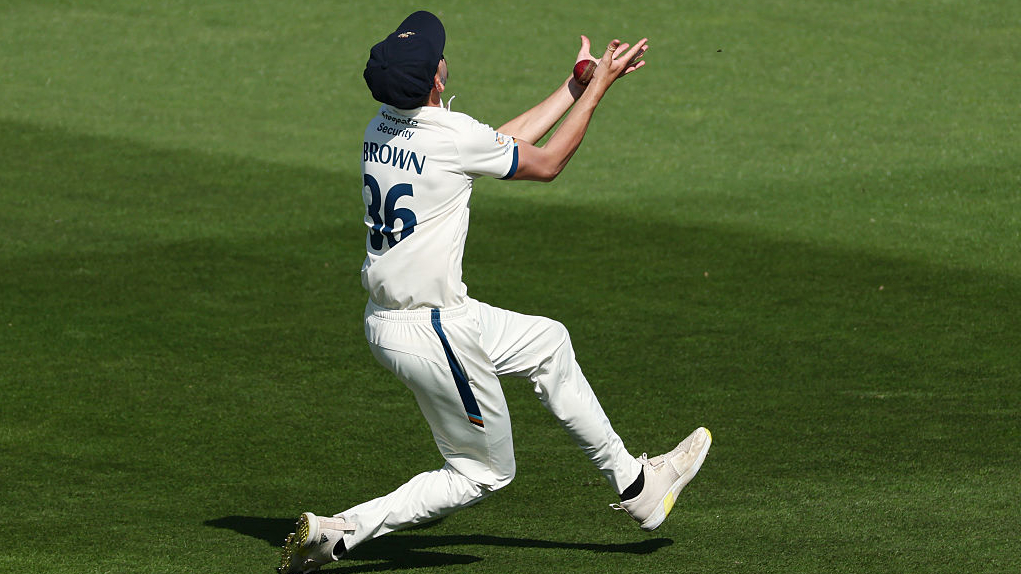 Pat Brown of Derbyshire drops a catch during the Rothesay County Championship match in May 2025
