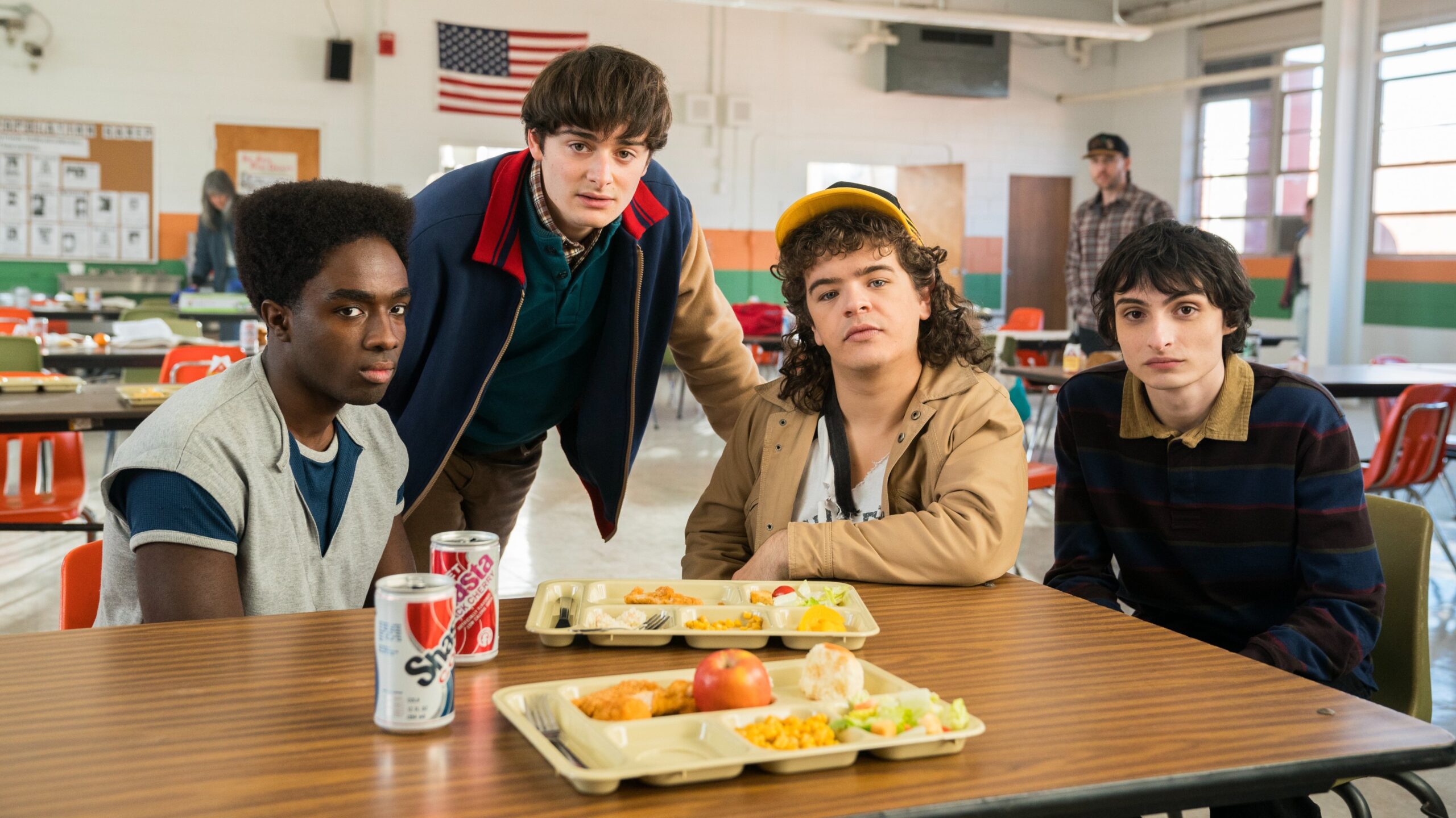 Caleb McLaughlin, Noah Schnapp, Gaten Matarazzo and Finn Wolfhard (L-R) on the set of