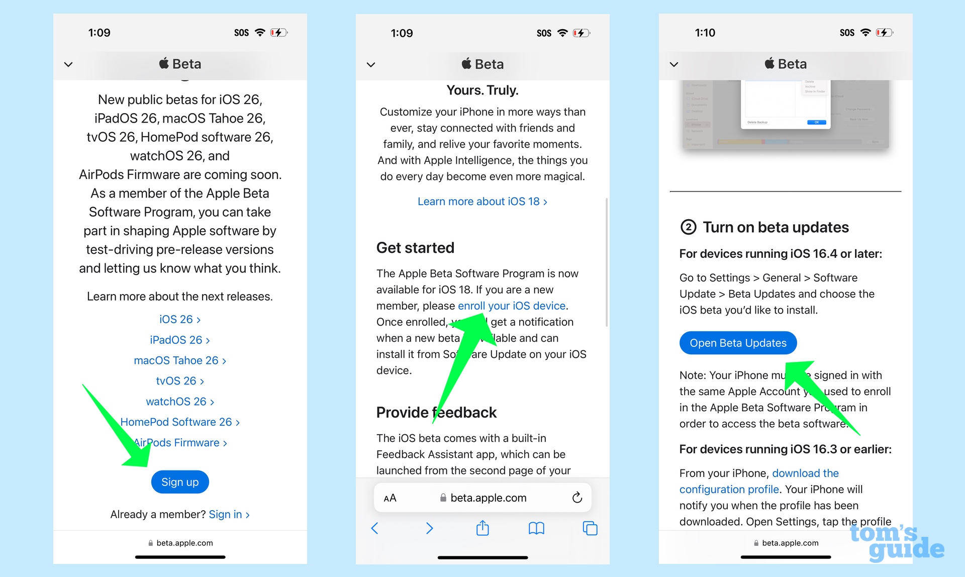 מסכי ההרשמה לתוכנית Apple Beta