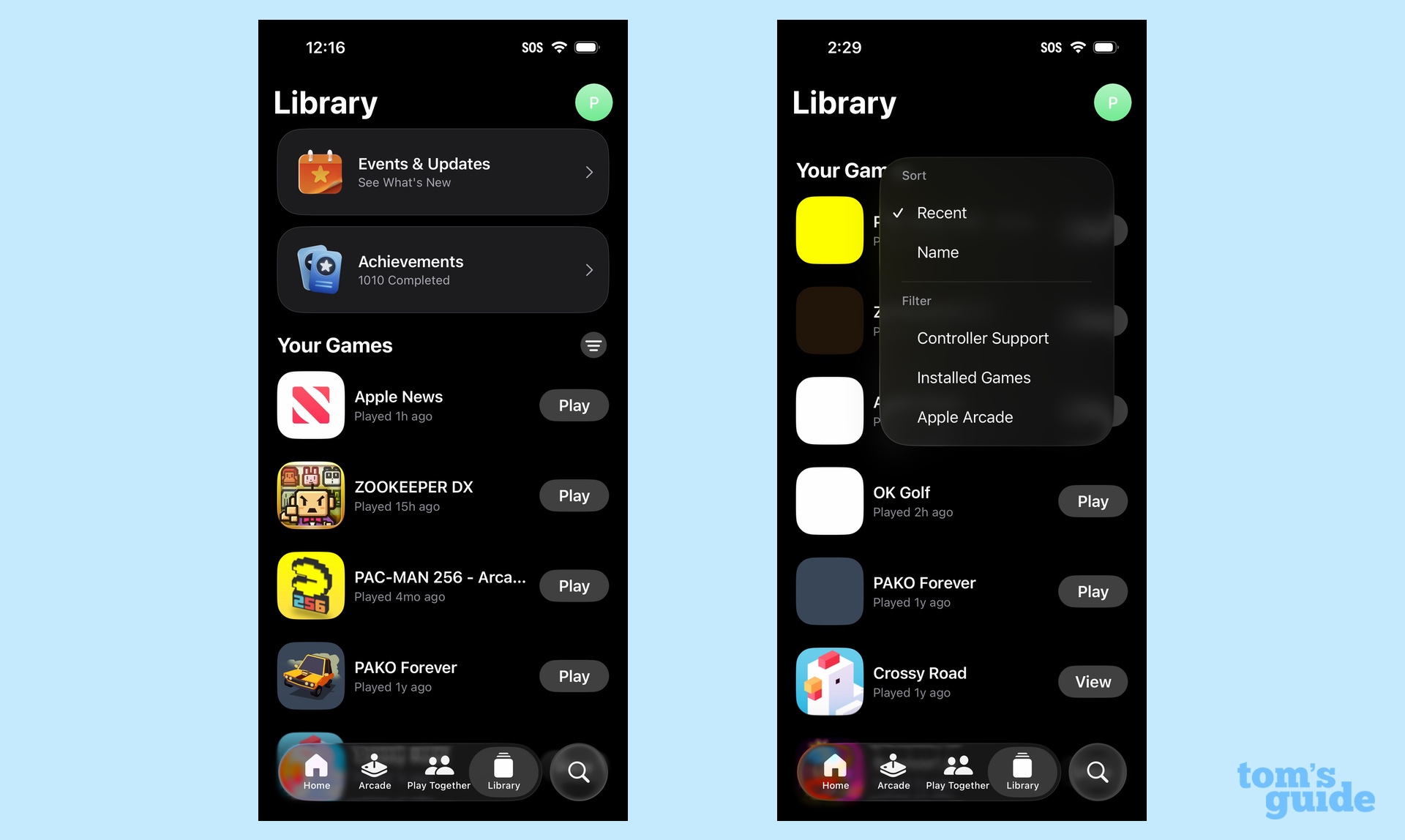 כרטיסיית ספריה באפליקציית iOS 26 משחקים