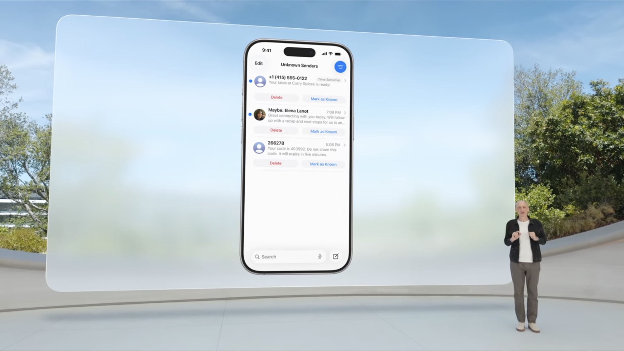 מסך שולחים לא ידועים בהודעות iOS 26 עם כפתורים כדי לזהות שולחים ידועים