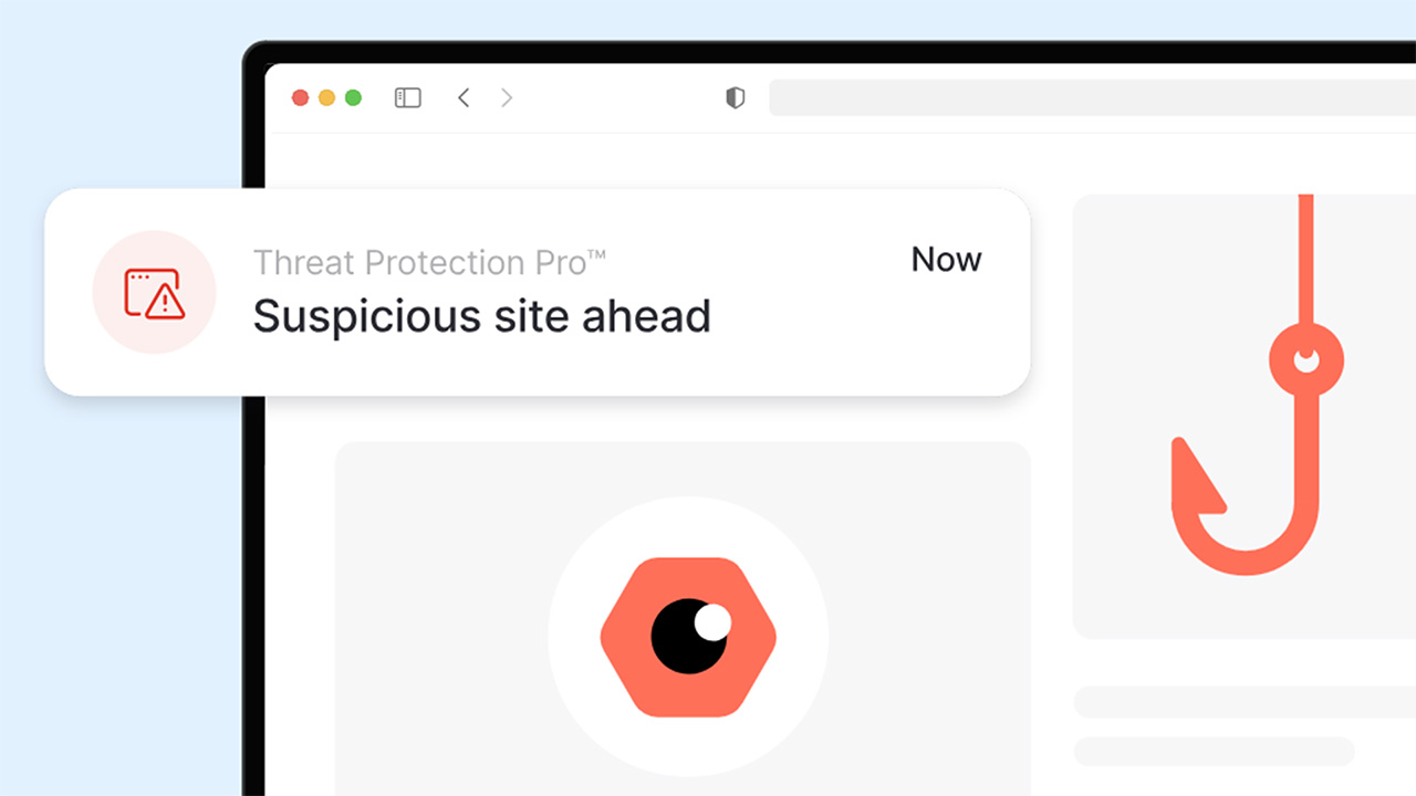NordVPN graphic showing eyeball and fishing hook on a website page. A warning is displayed saying Nord Threat Protection Pro, suspicious site ahead