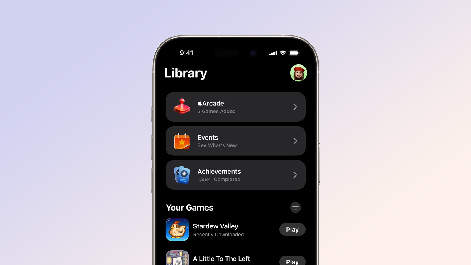 ממשק משחקי Apple המציג כרטיסייה בספריה