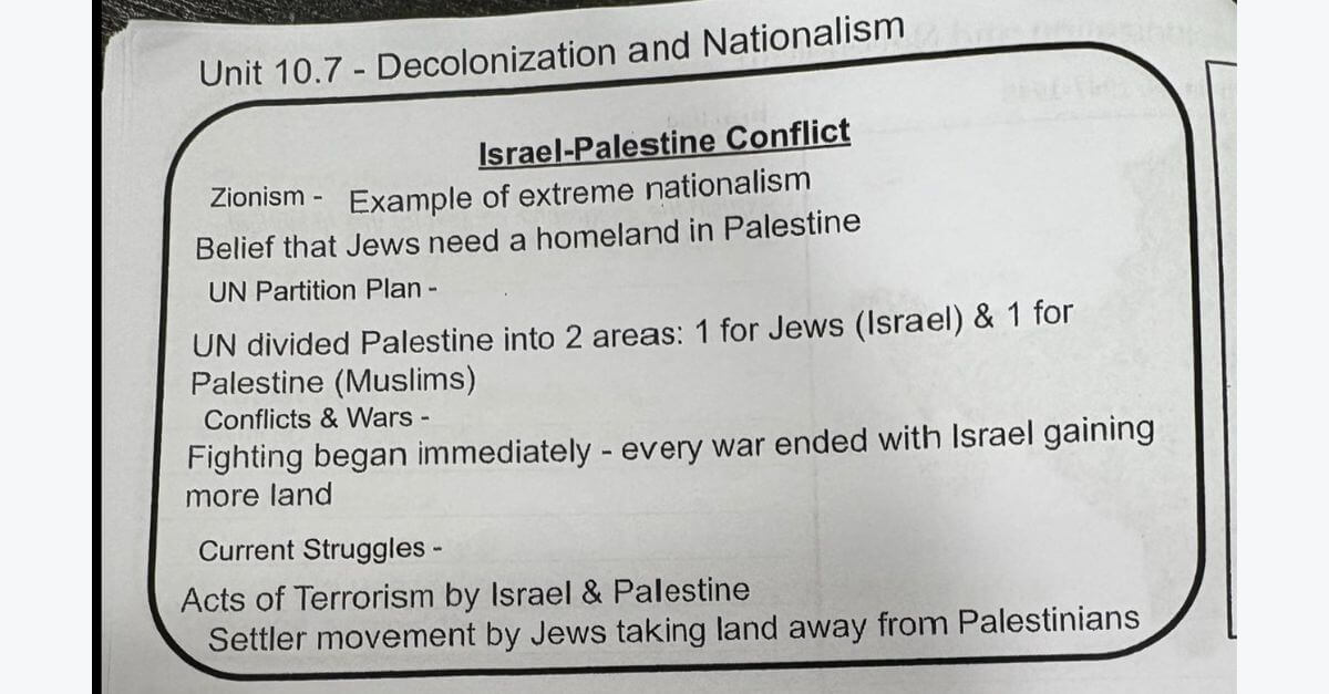 זעם נובע לאחר מדריך לימוד בתיכון בלונג איילנד מכנה ציונות 'לאומיות קיצונית'