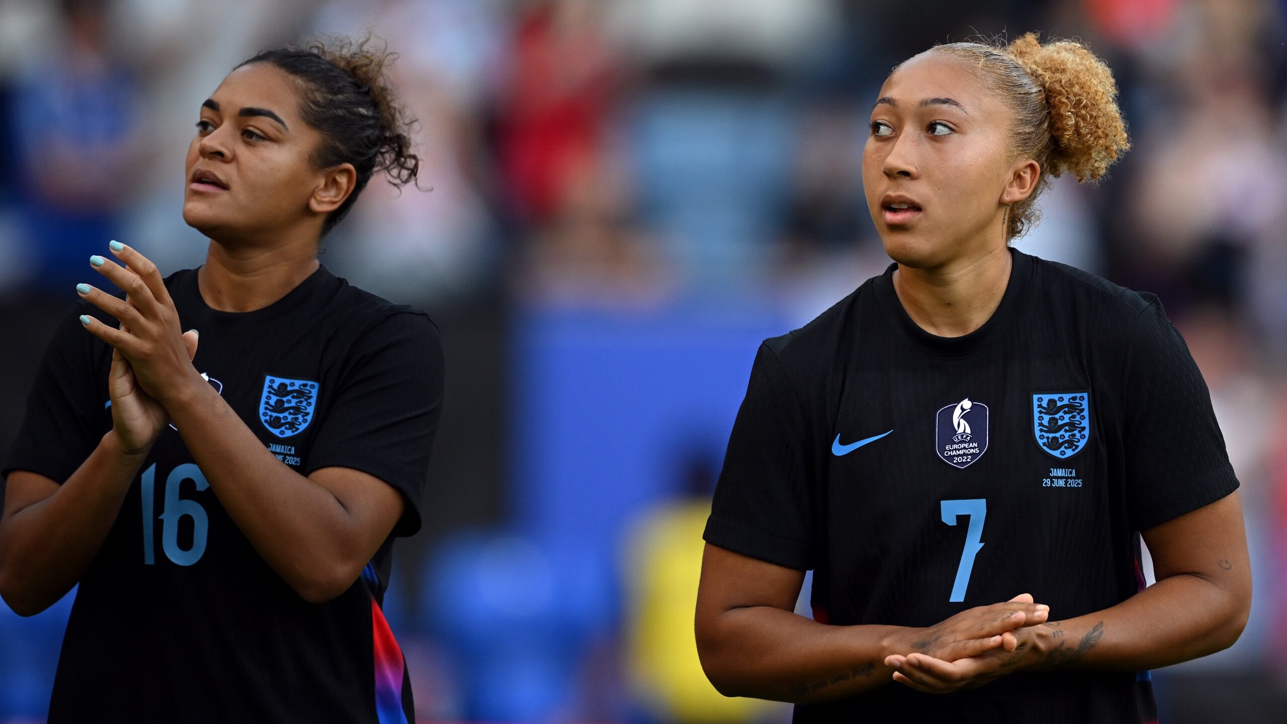 Lauren James and Jess Carter take in appreciation from the crowd after their 7-0 friendly win over Jamaica.