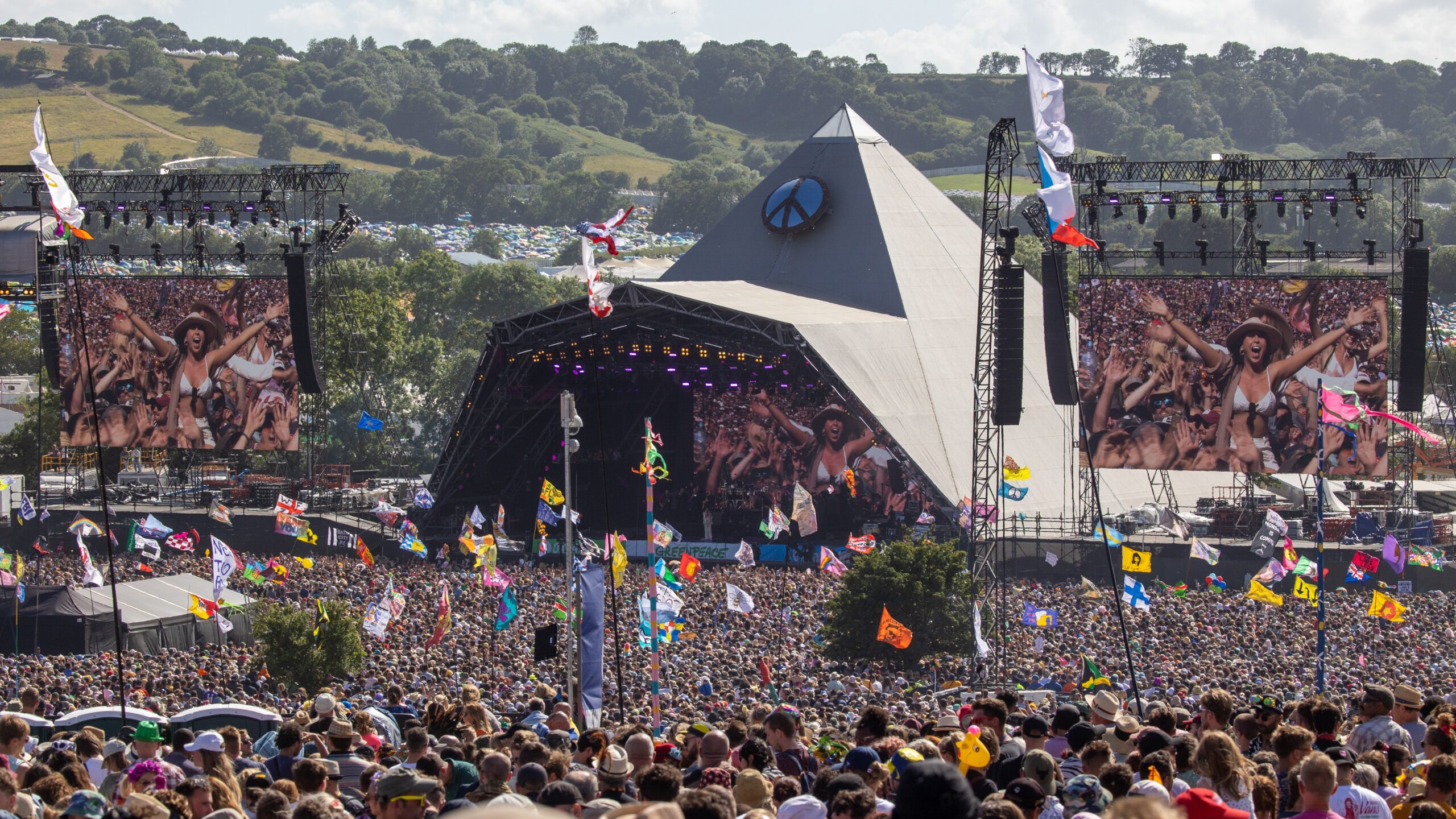 Crowds of people gather in front of the main Pyramid Stage to watch Diana Ross perform at the 2022 Glastonbury Festival during day two of Glastonbury Festival at Worthy Farm.