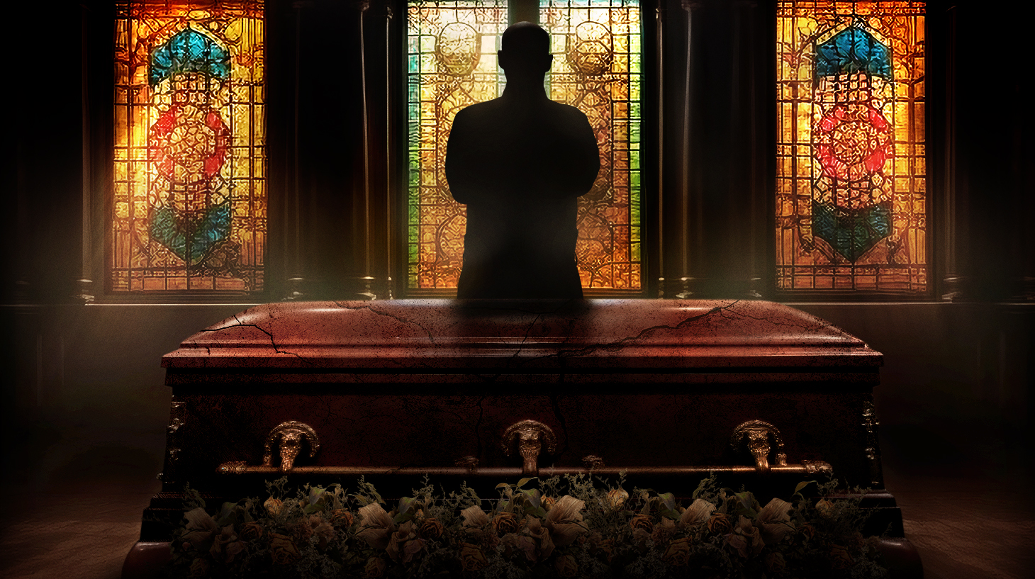Man in silhouette standing behind coffin in a scene from true crime docuseries 'The Mortician' on HBO
