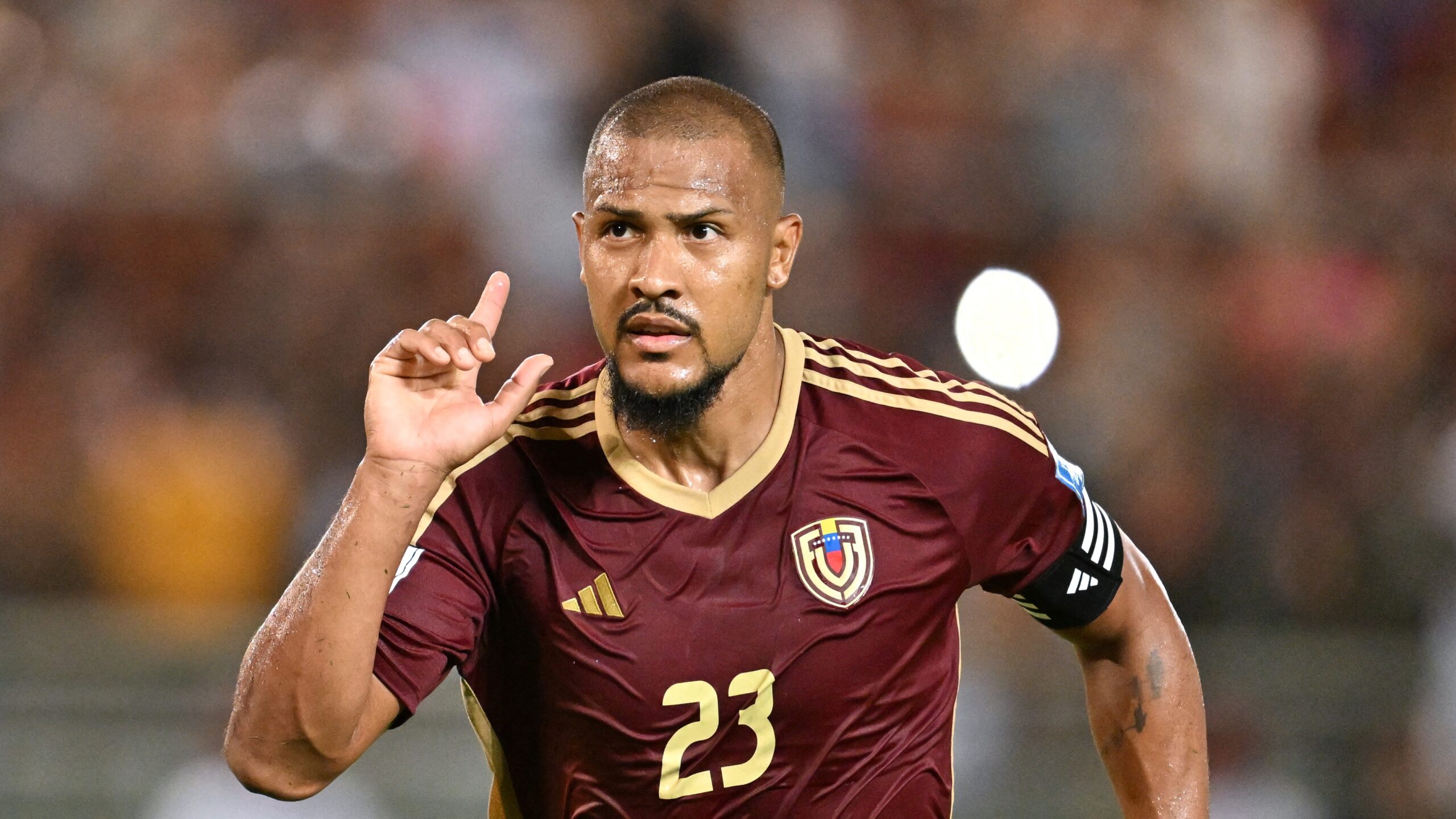 Venezuela's forward #23 Salomon Rondon celebrates after scoring during the 2026 FIFA World Cup South American qualifiers football match between Venezuela and Peru at the Monumental de Maturin stadium in Maturin, Monagas state. Venezuela, on March 25, 2025. (Photo by JUAN BARRETO / AFP) (Photo by JUAN BARRETO/AFP via Getty Images)