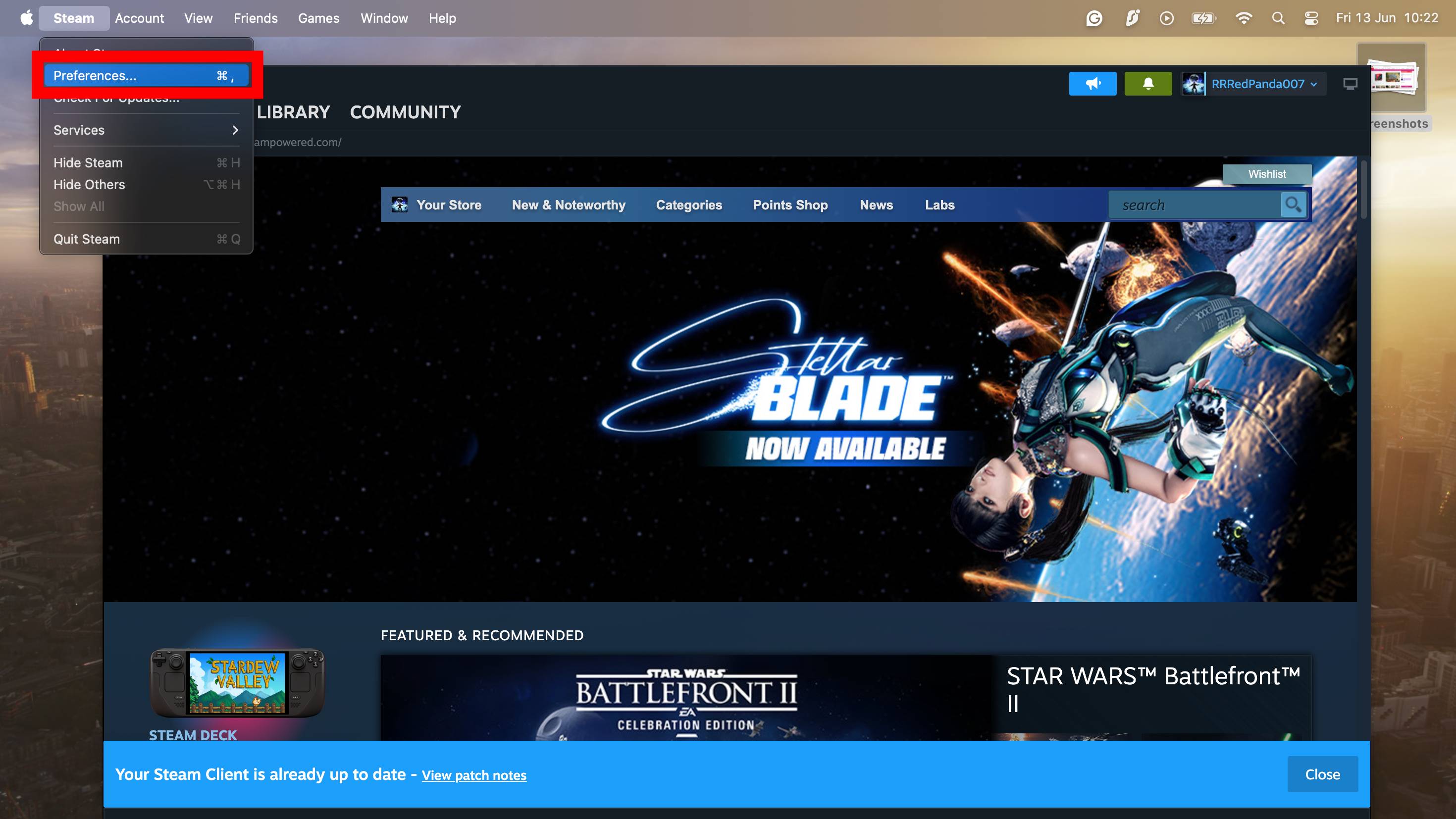 צילום מסך של Steam באפליקציית Mac עם אפשרות להדגשת תיבה אדומה