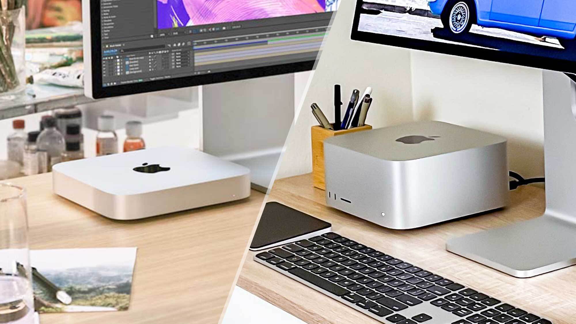 Mac Mini M2 לעומת Studio Studio Face-Off המציג את שני המכשירים המורכבים יחד