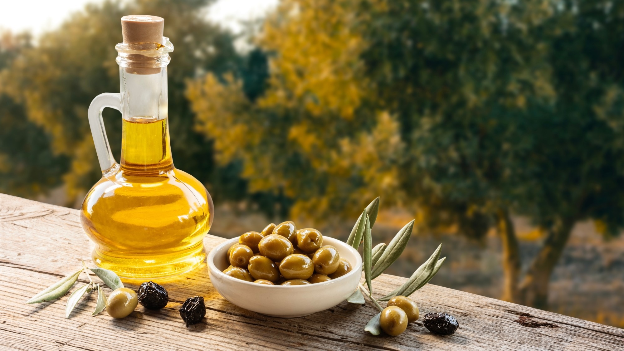 Green olive oil and olive oil concept