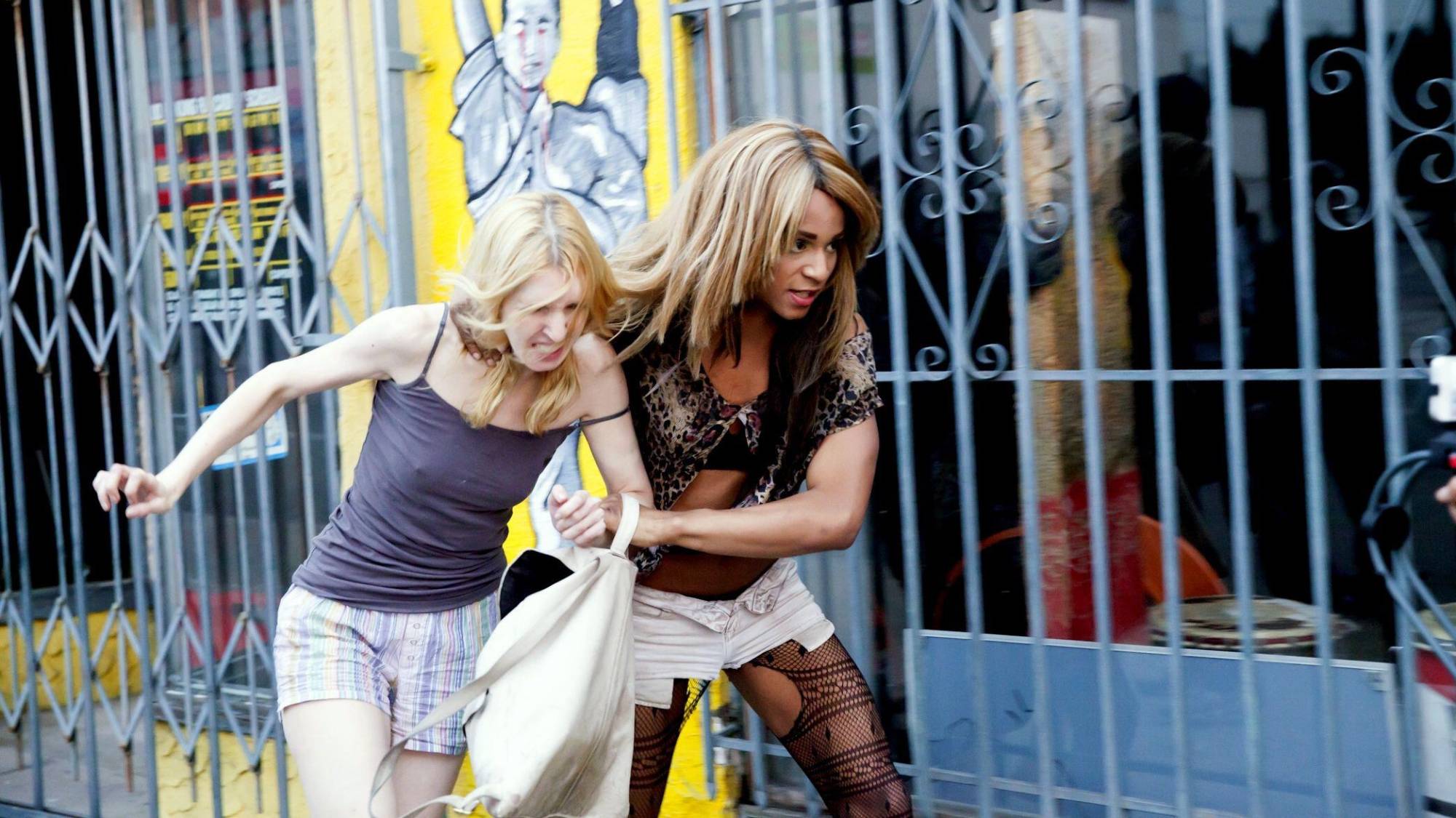 (L-R) Mickey O'Hagan as Dinah and Kitana Kiki Rodriguez as Sin-Dee Rella in "Tangerine" now streaming on Netflix