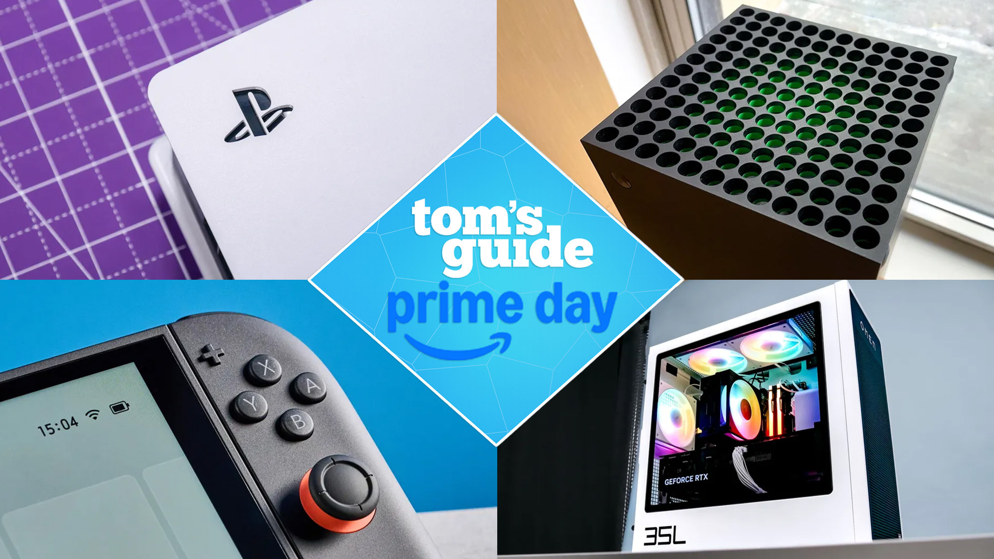 PS5 Pro, Xbox Series X, Nintendo Switch 2 and a HP gaming PC around a Tom