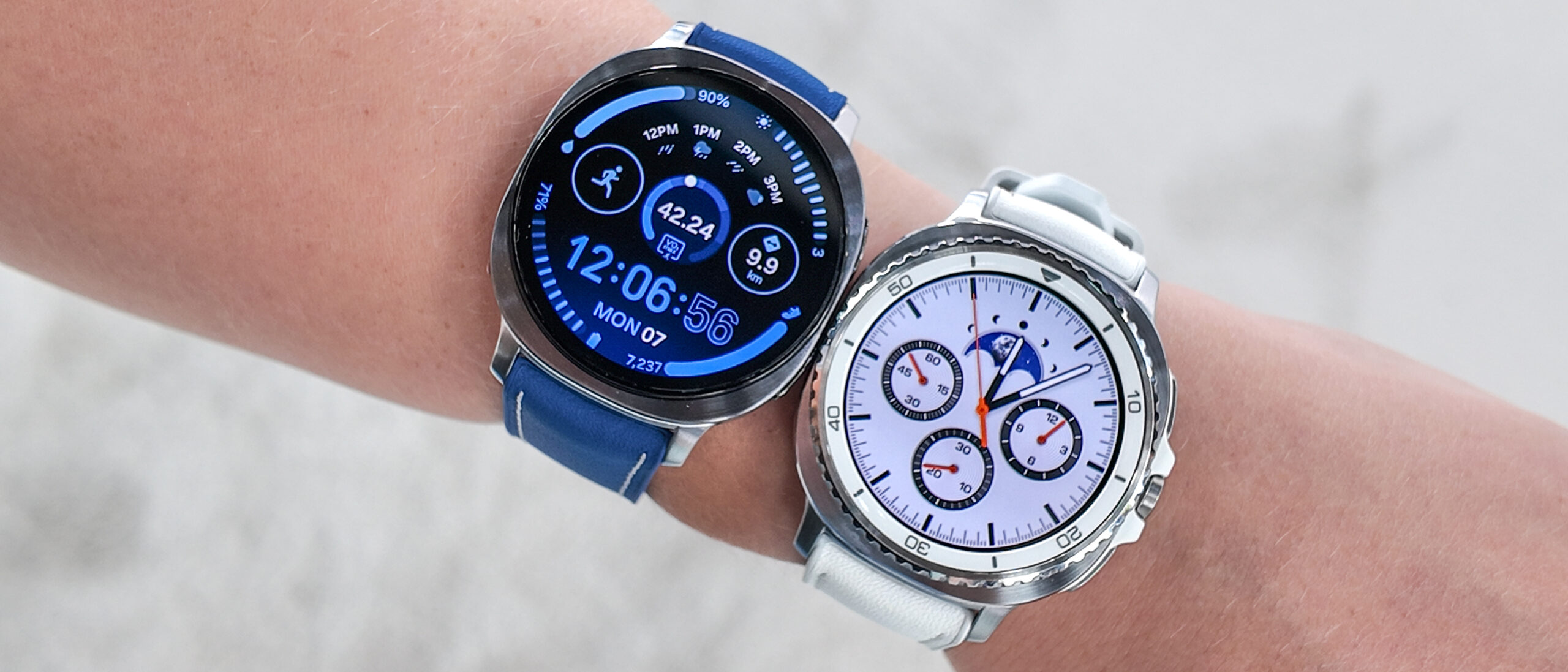 Close-up of the Samsung Galaxy Watch 8 and 8 Classic on the writer's wrist